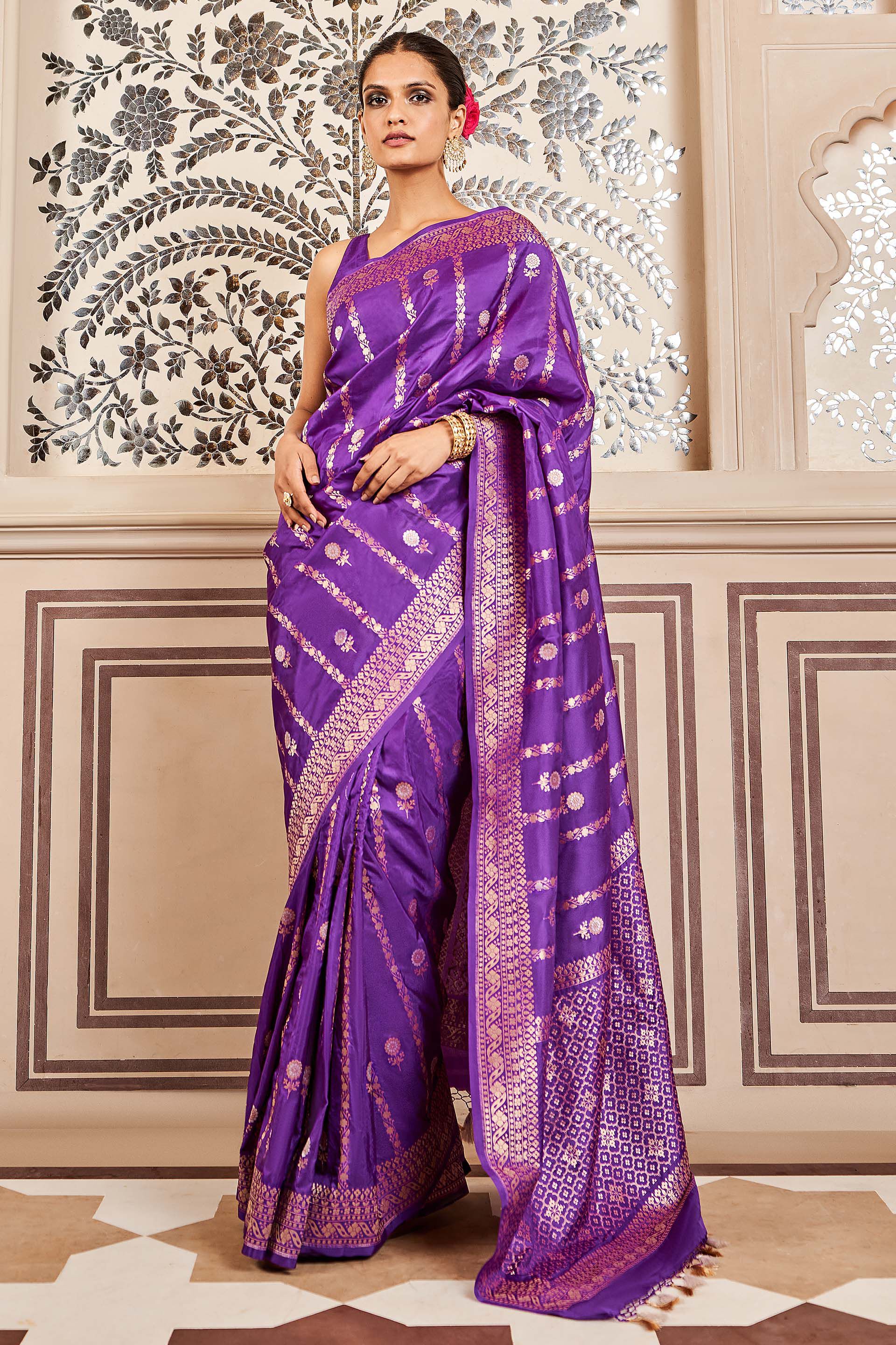 Net Faux Chiffon Saree with Hot Pink, Royal Purple and Golden –  Boutique4India