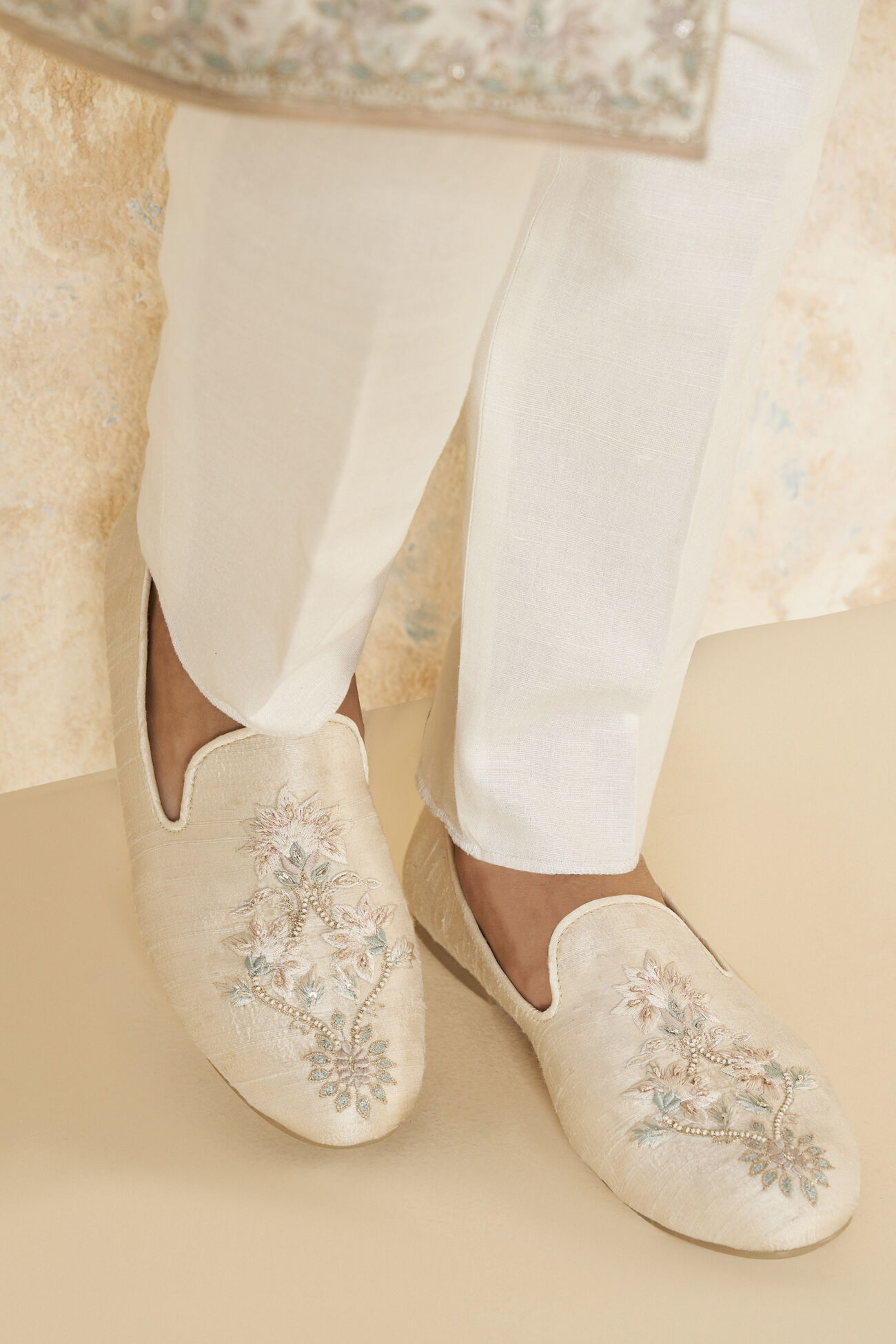 Reham Embroidered Silk Shoes - Ivory, Ivory, image 1