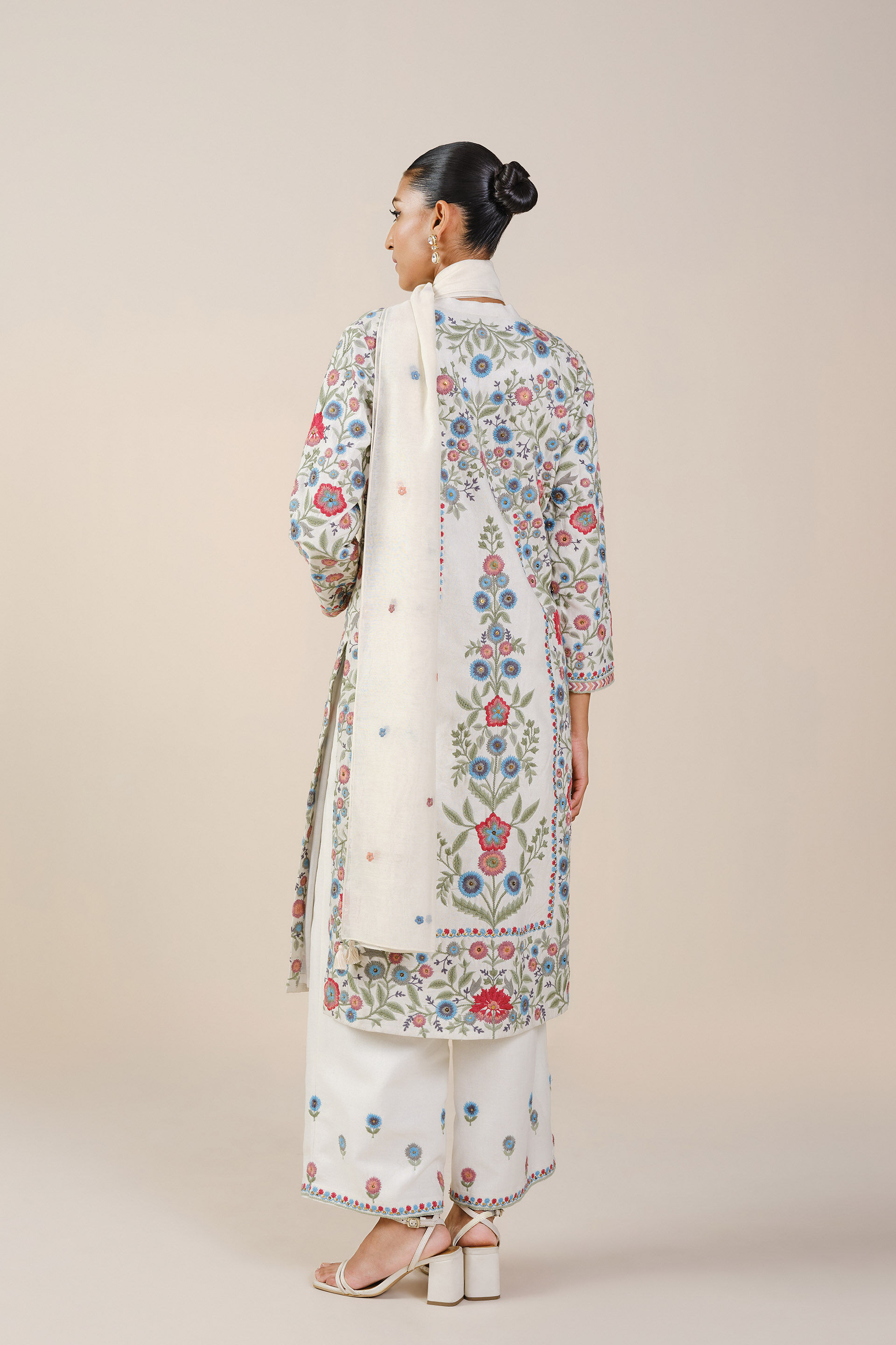 Galaxy of Flowers Embroidered Silk Suit Set - White, White, image 3
