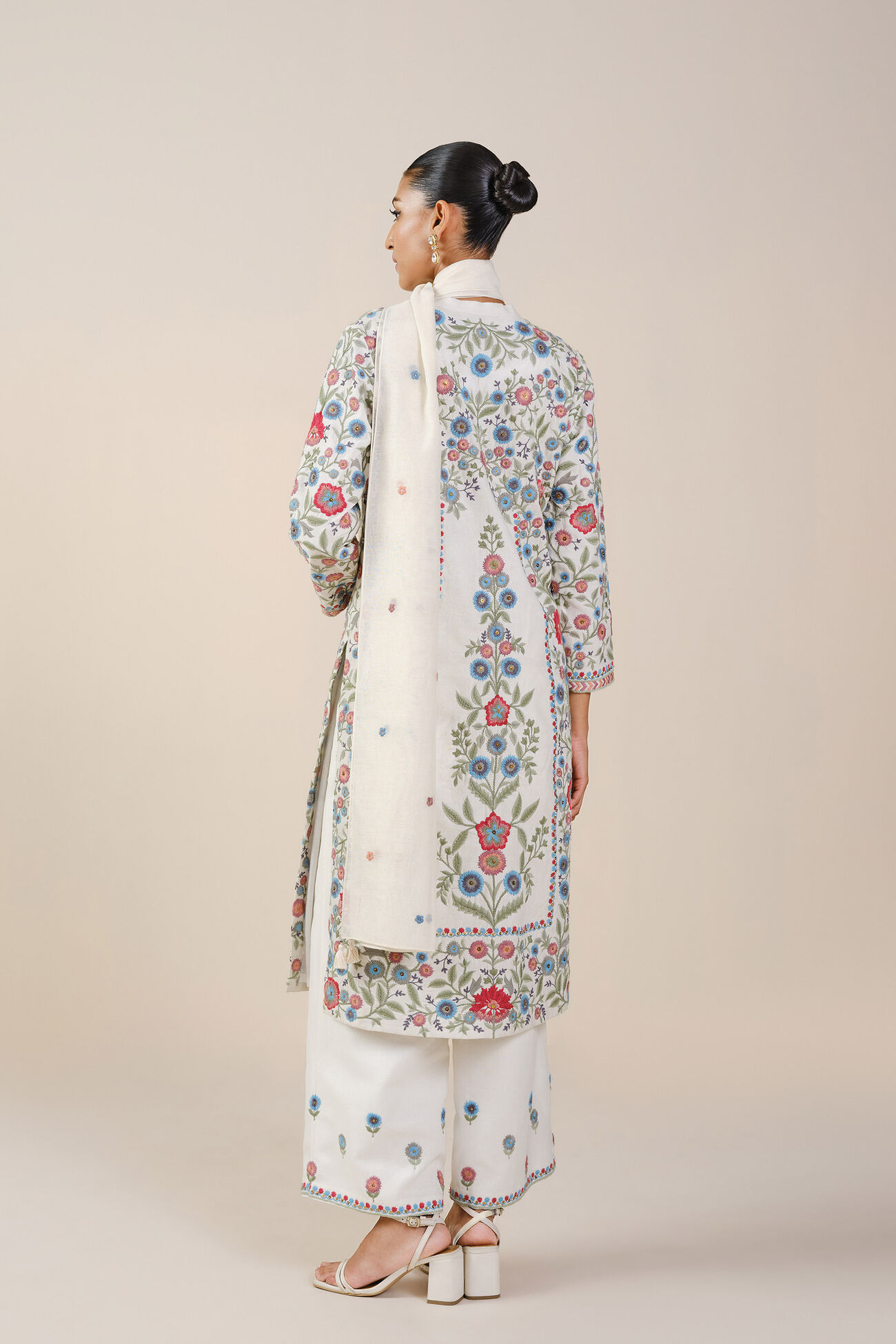 Galaxy of Flowers Embroidered Silk Suit Set - Cream, White, image 3