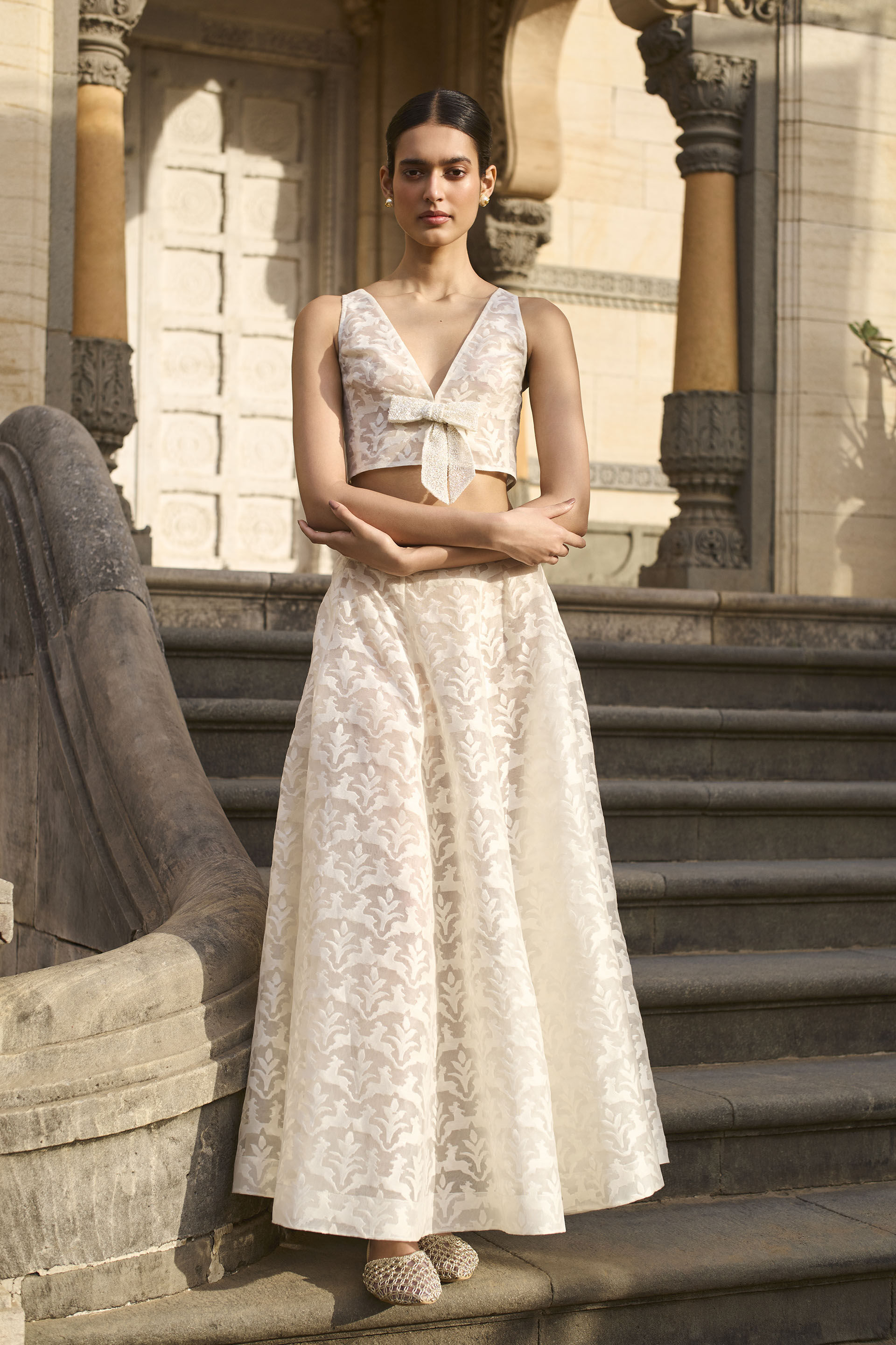 Fawn Woven Benarasi Silk Skirt Set - Ivory