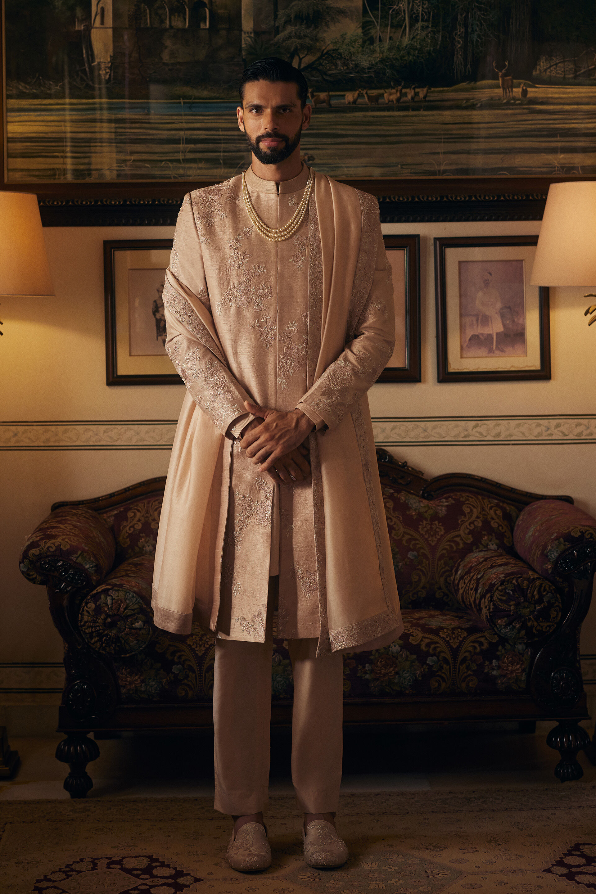 Avnendra Embroidered Silk Sherwani - Champagne