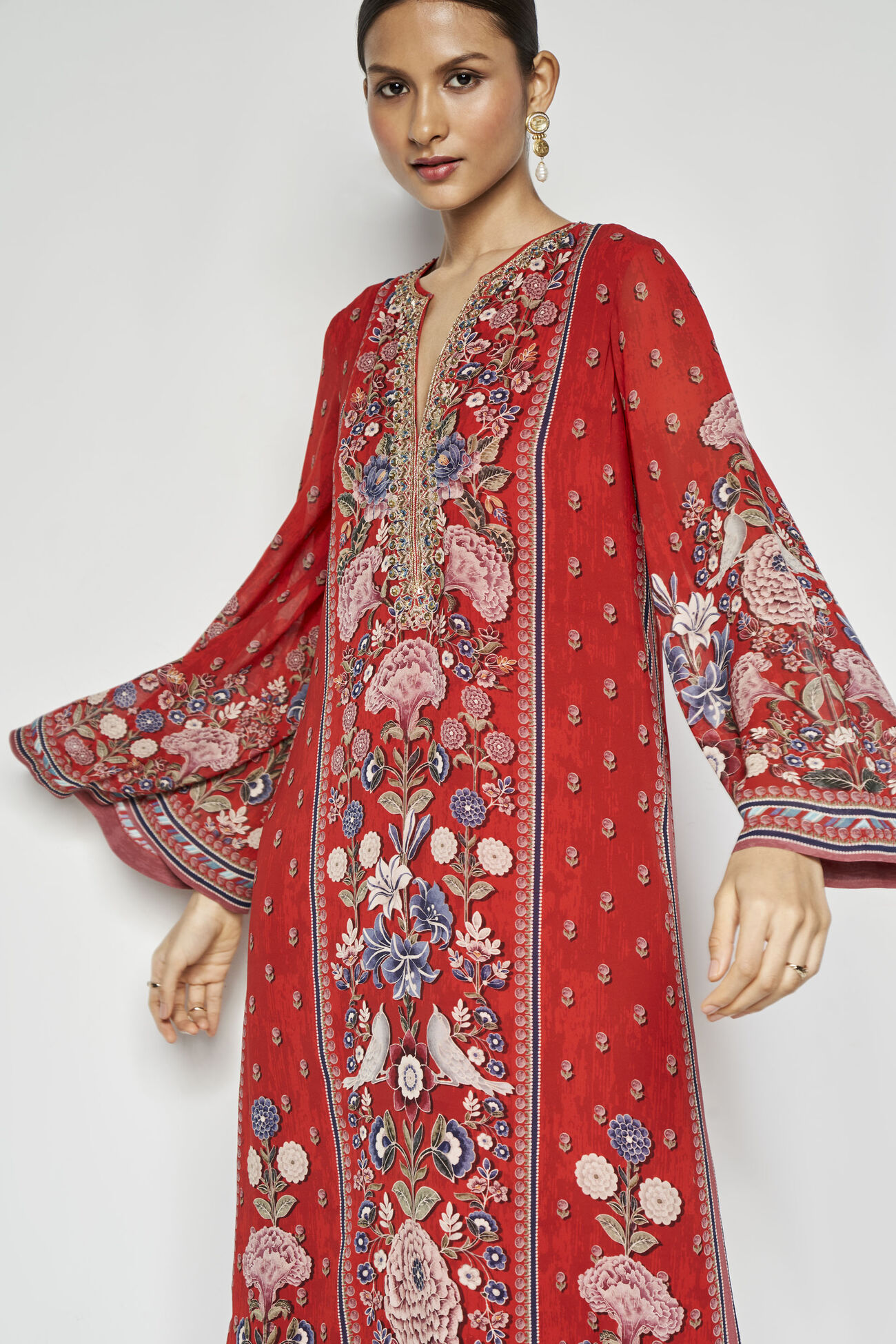 Alhambra Zardozi Embroidered Silk Kaftan - Red, Red, image 5