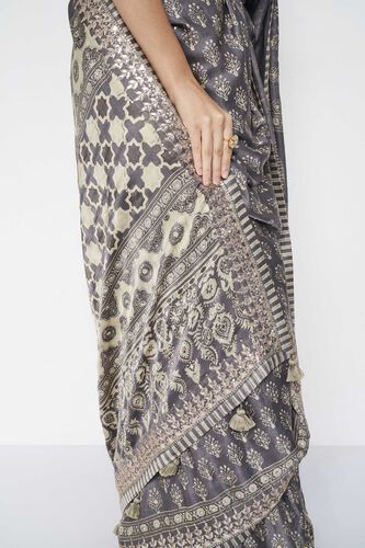 Ranjeeta Ajrakh Hand-block Printed Silk Saree - Grey, Grey, image 8