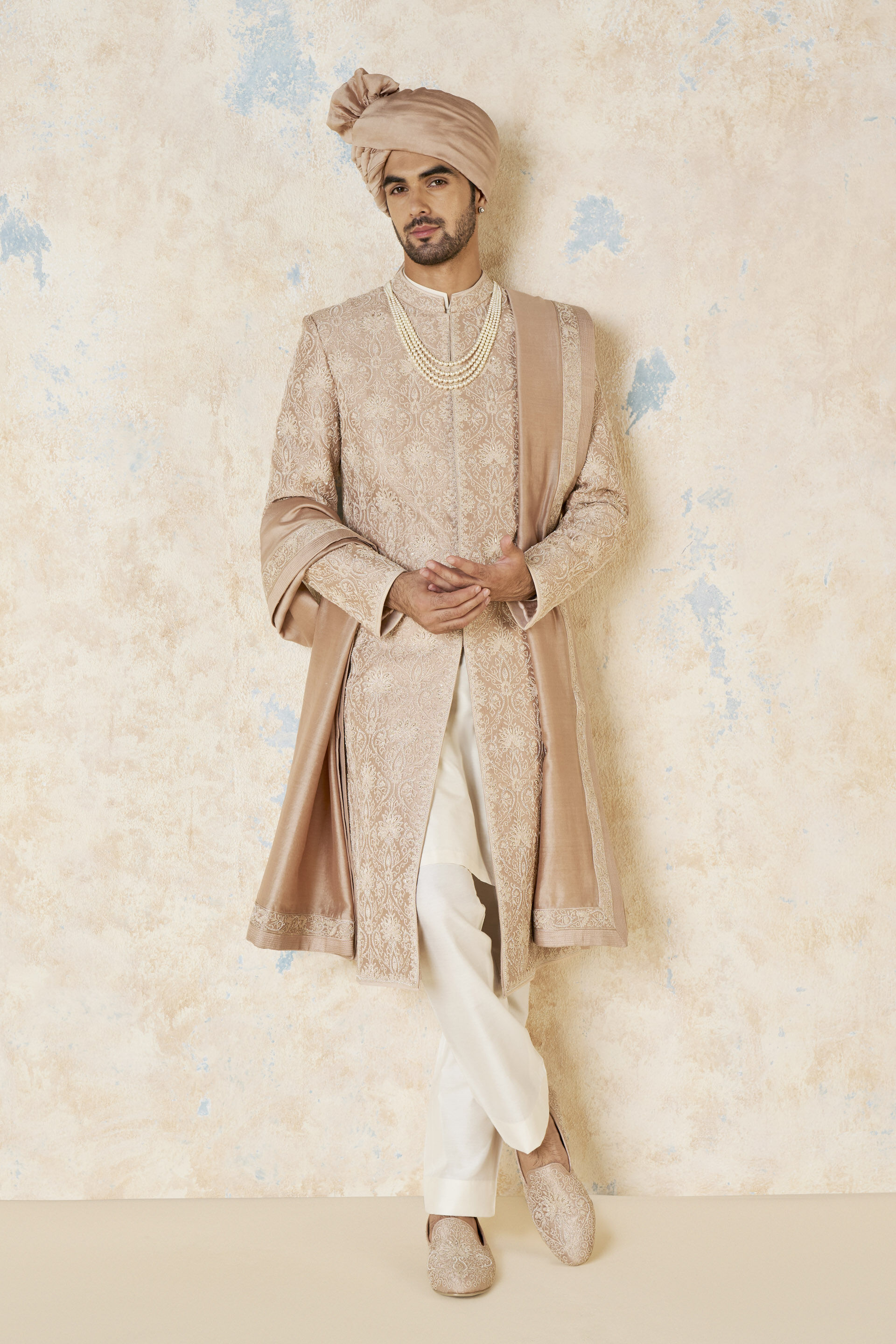 Ikshaan Embroidered Cord Silk Sherwani - Salmon