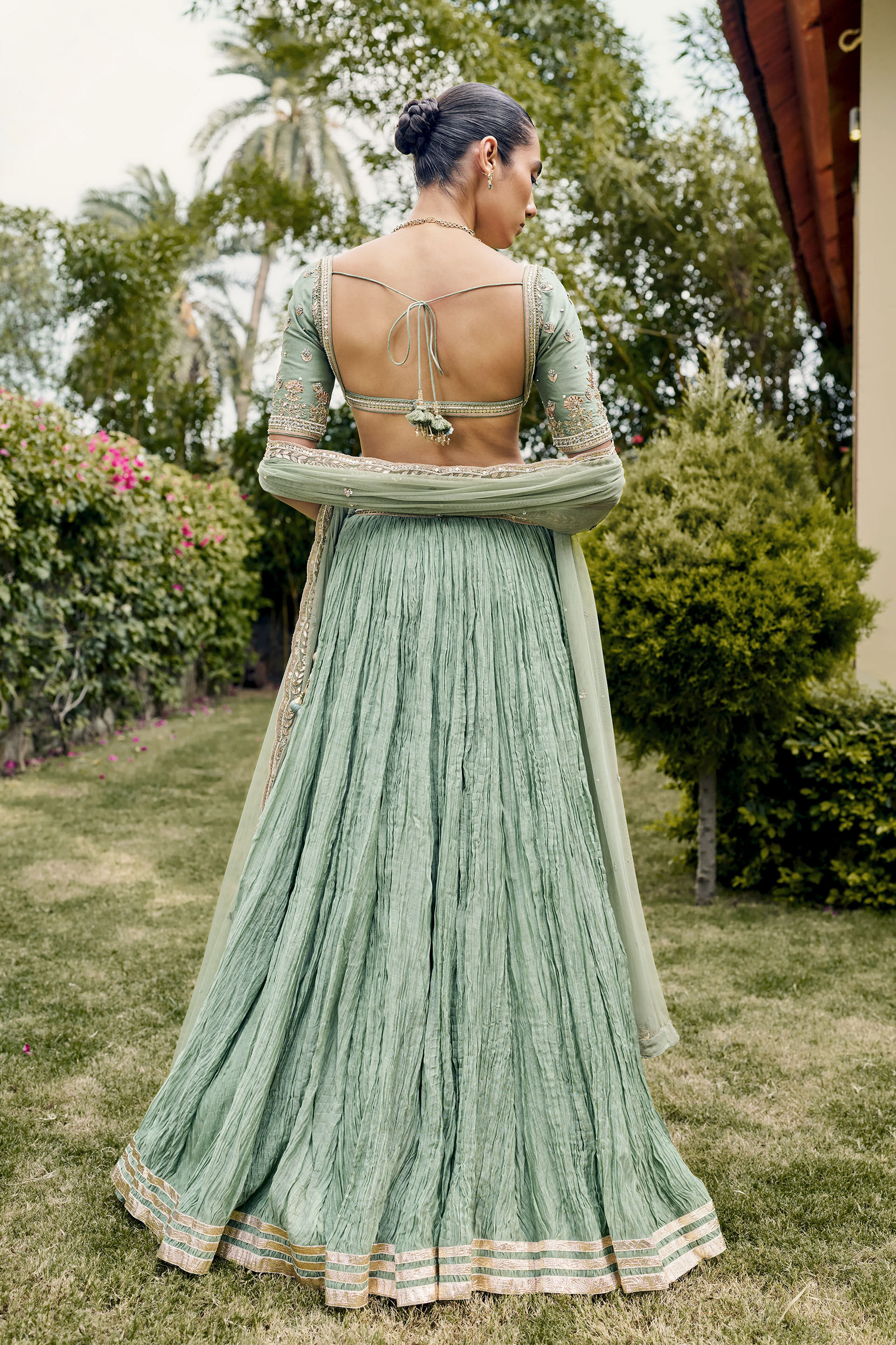 Homeland Gota Patti Mul Lehenga Set - ​Sage