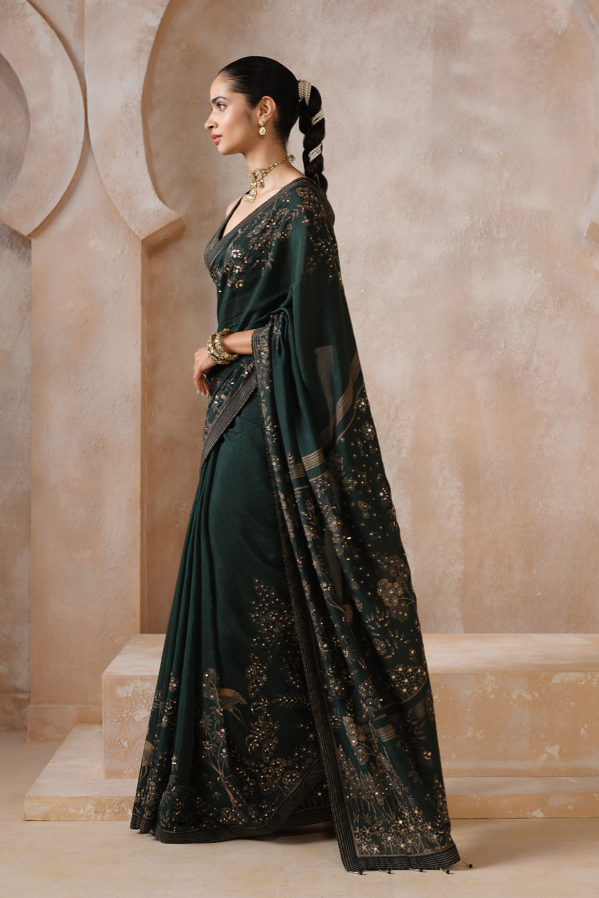 Anaiza Sequin Chiffon Saree - Green, Green, image 3