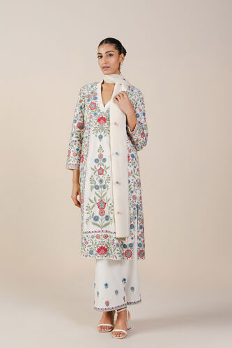 Galaxy of Flowers Embroidered Silk Suit Set - Cream, White, image 1