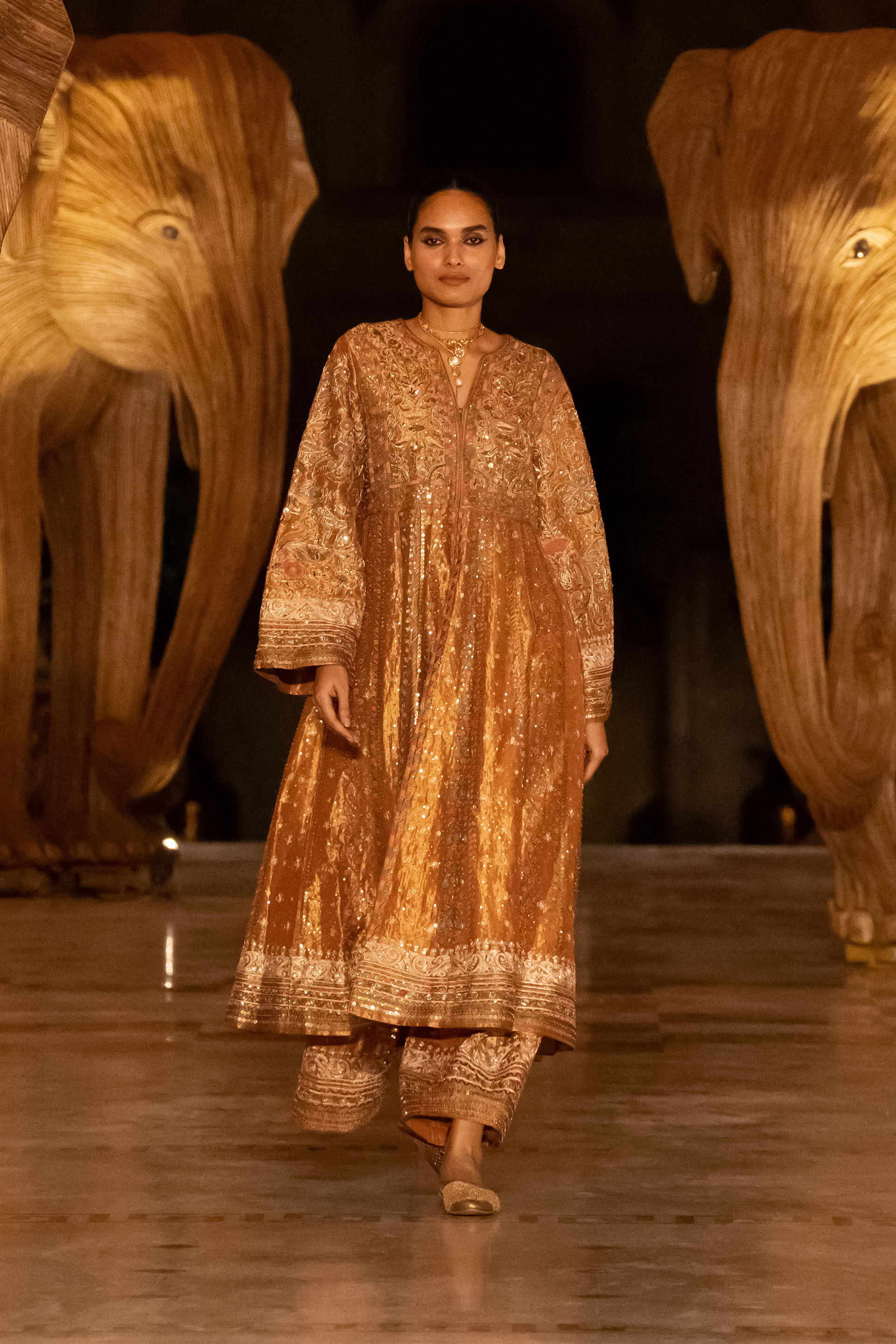 Magic Of The Gleaming Sunrays Embroidered Zardozi Sharara Set - Copper, Gold, image 10