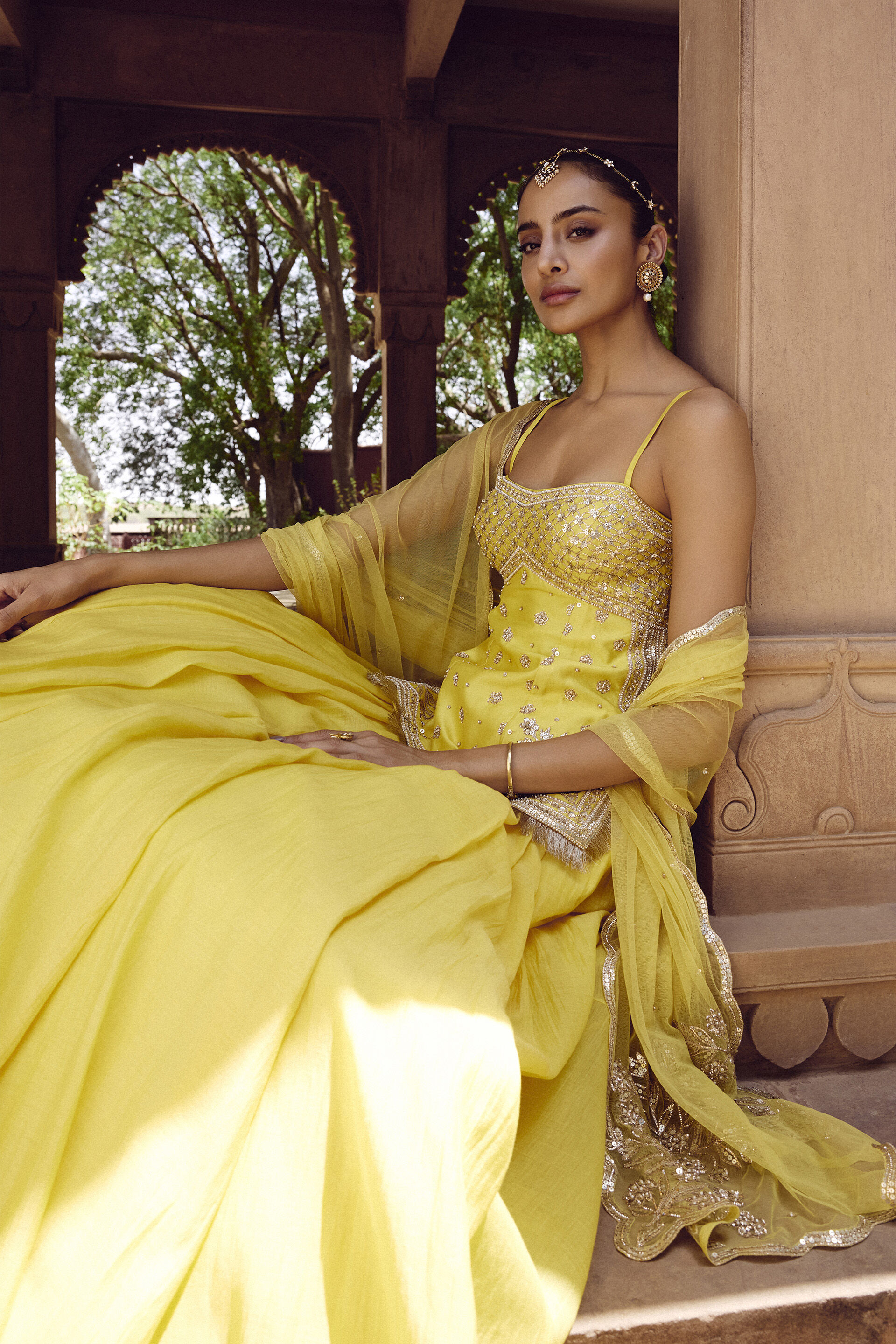 Srika Gota Patti Mul Skirt Set - Yellow, Yellow, image 5