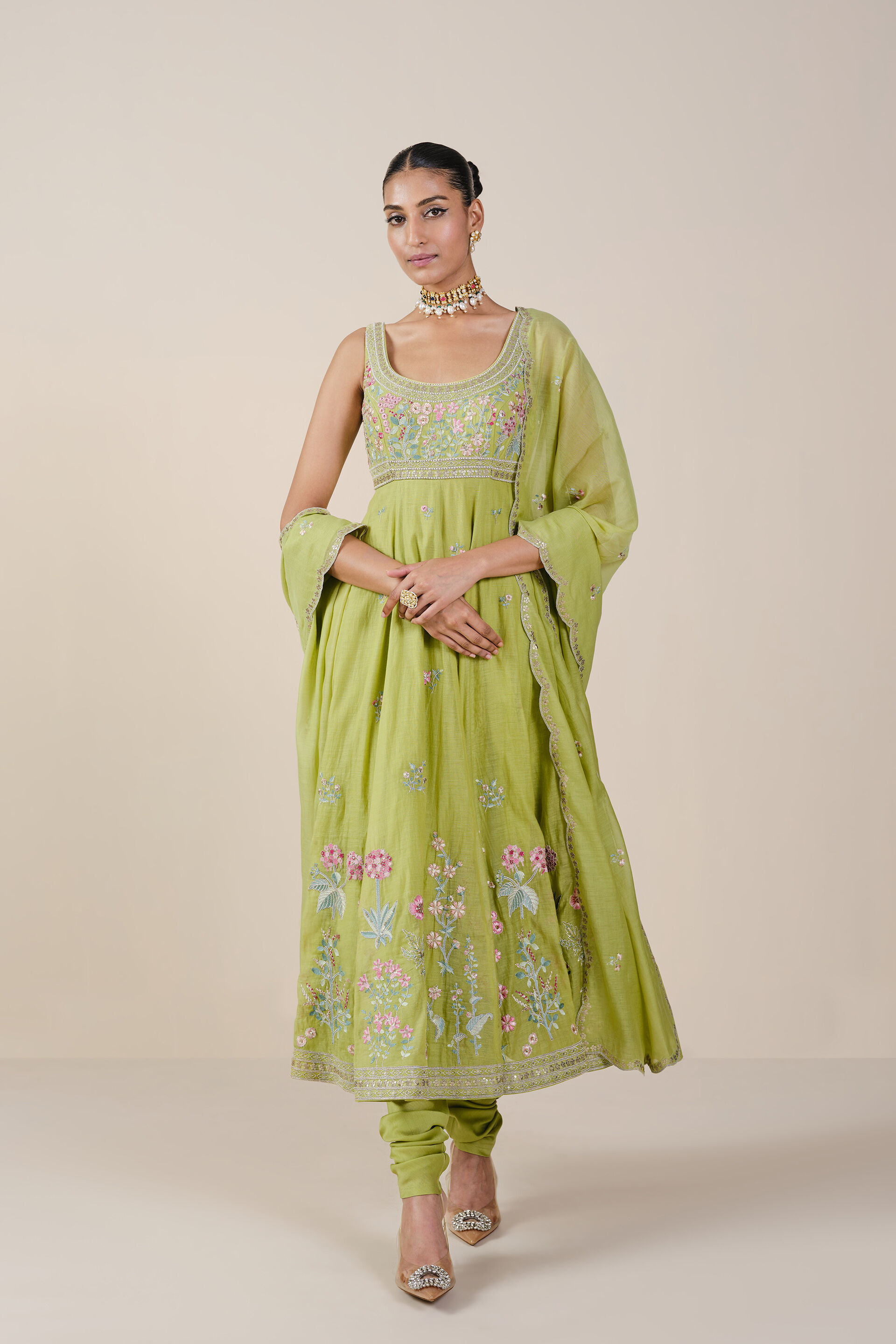 Simhika Embroidered Mul Anarkali Set Lime
