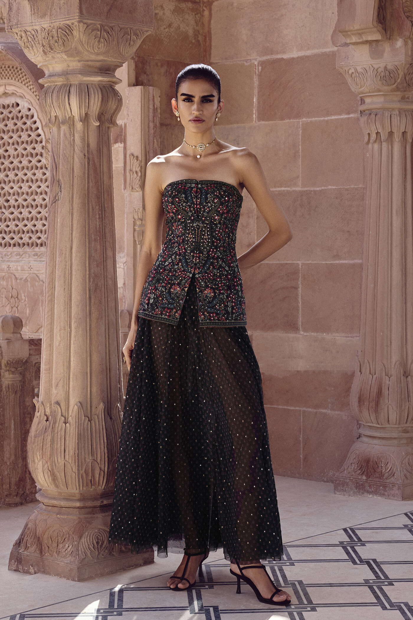 Nameera Silk Skirt Set - Black