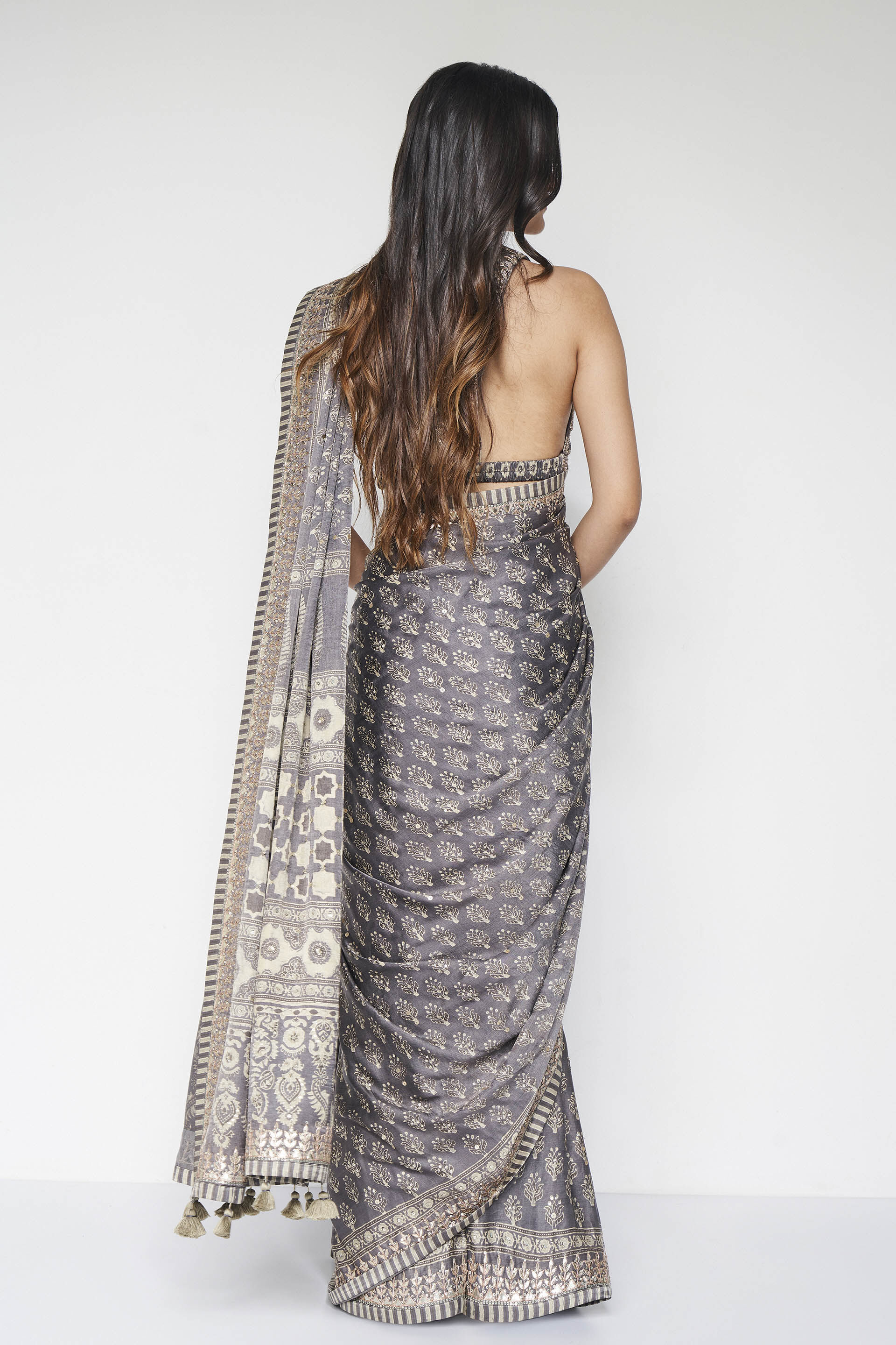 Ranjeeta Ajrakh Hand-block Printed Silk Saree - Grey, Grey, image 5