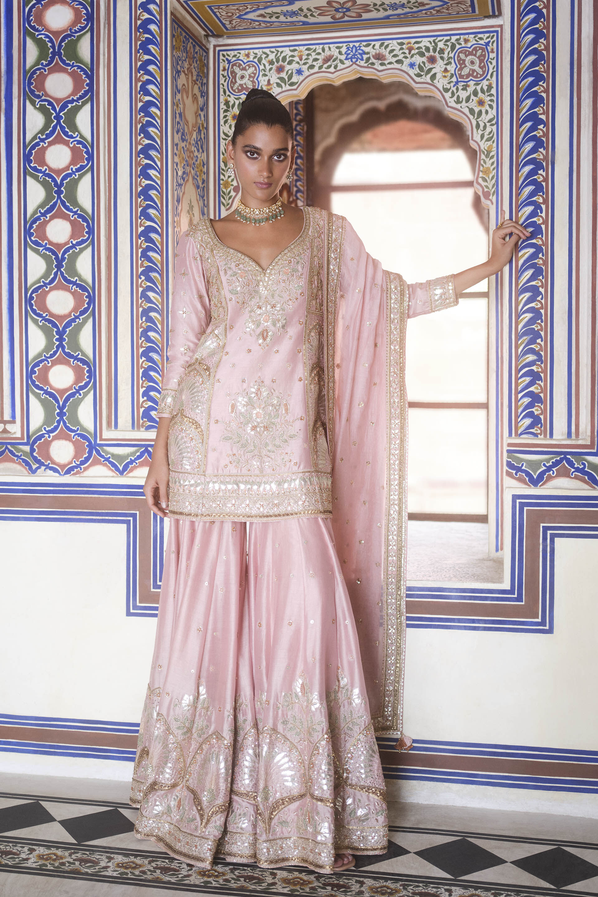 Buy Designer Nalika Gota Patti Mul Sharara Set Blush Online from Anita Dongre