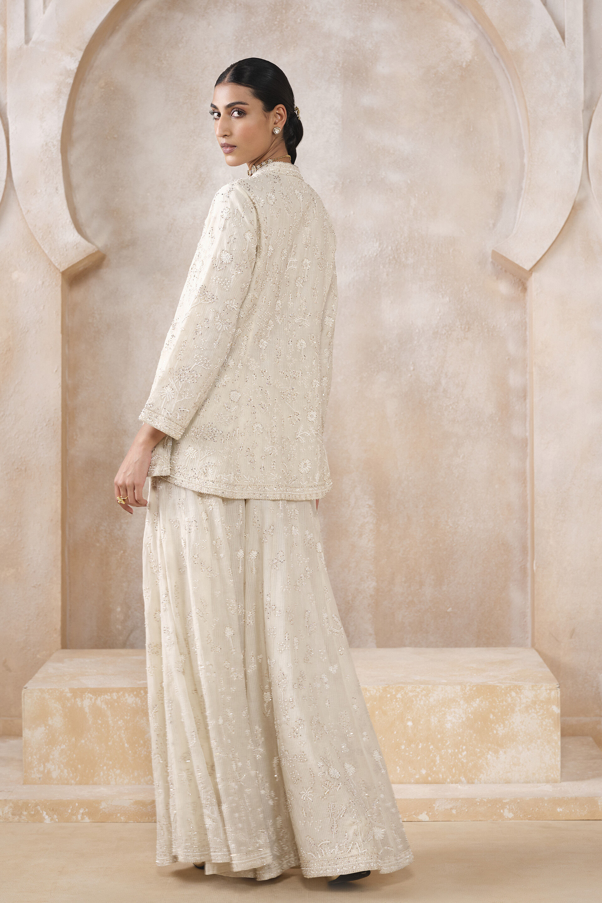 Zuhra Embroidered Sharara Set - Ivory, Ivory, image 4