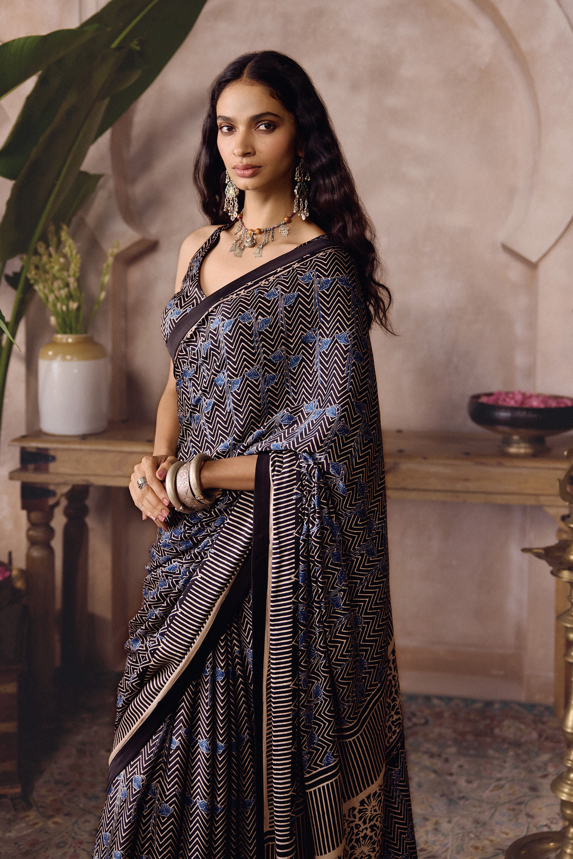 Brano Ajrakh Hand-block Printed Saree - Black, Black, image 4