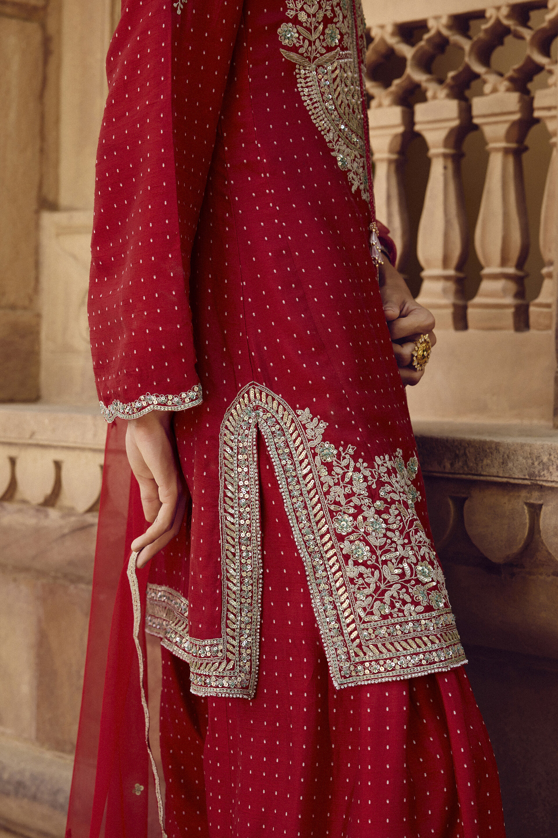 Sindhura Embroidered Silk Short Suit Set - Red, Red, image 6