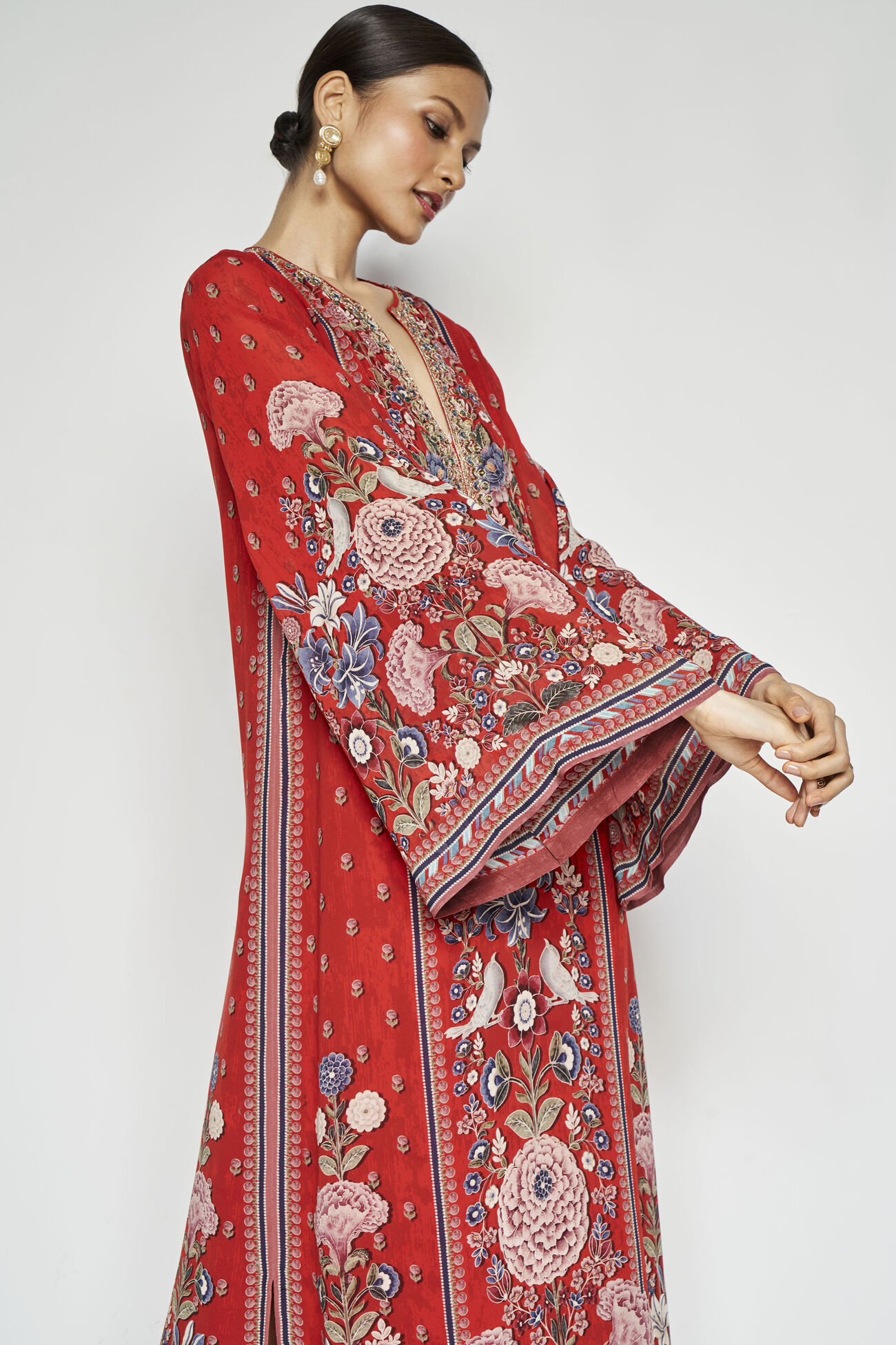Alhambra Zardozi Embroidered Silk Kaftan - Red, Red, image 6