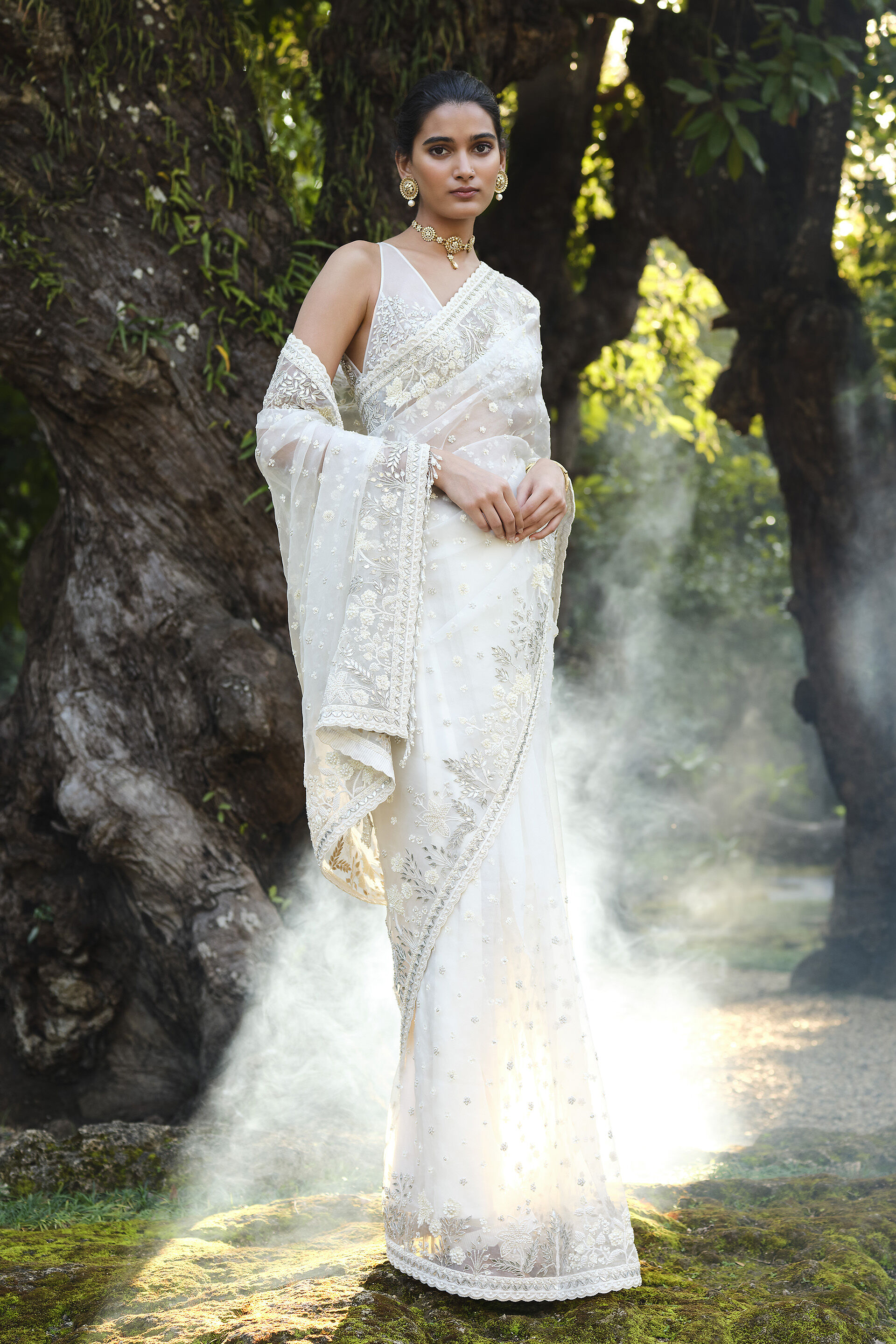 Waterway Embroidered Silk Saree - Ivory