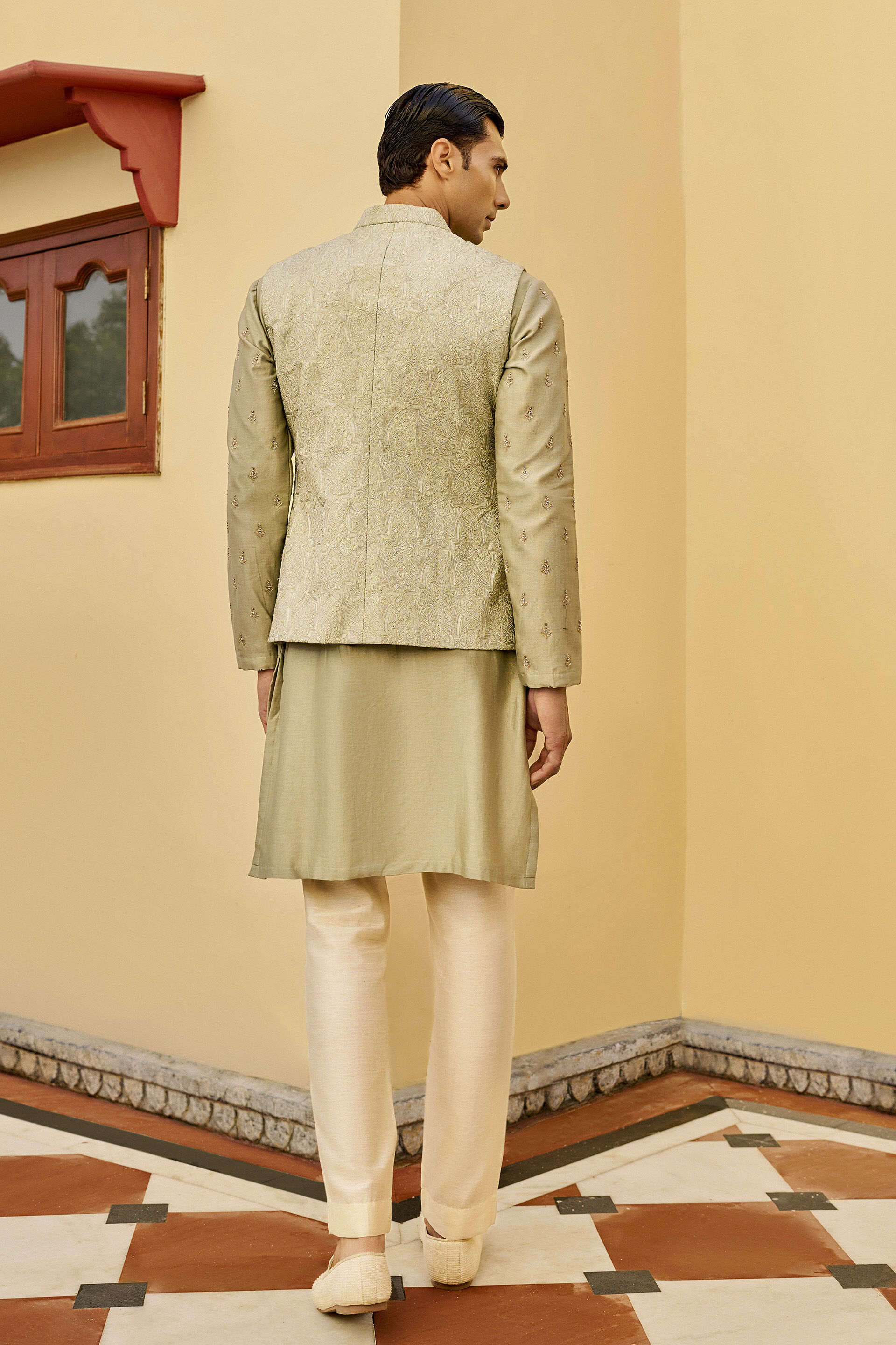 Fondness Embroidered Silk Nehru Jacket - Sage, Sage, image 2