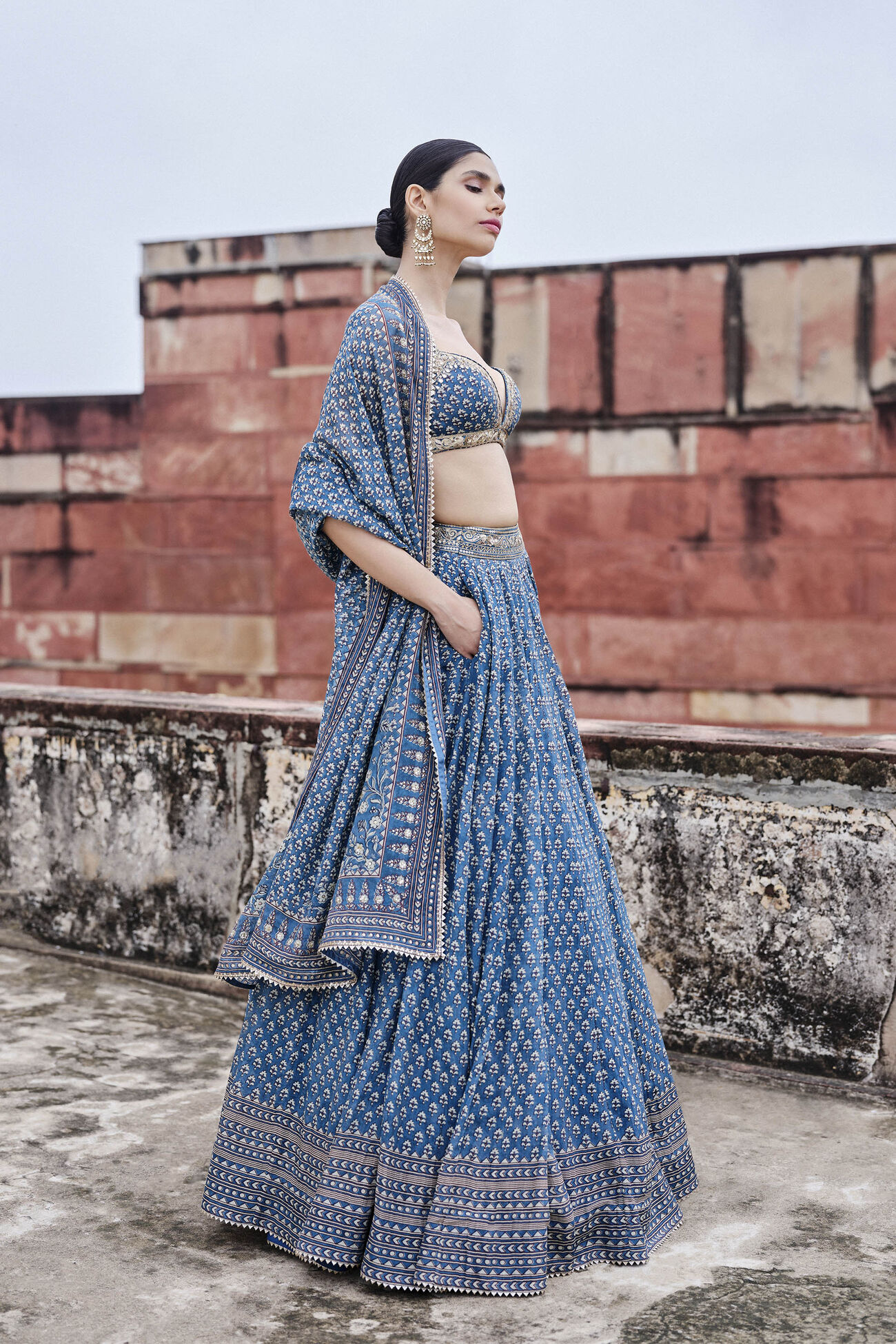 Abjini Printed Mul Lehenga Set - Blue, Blue, image 3