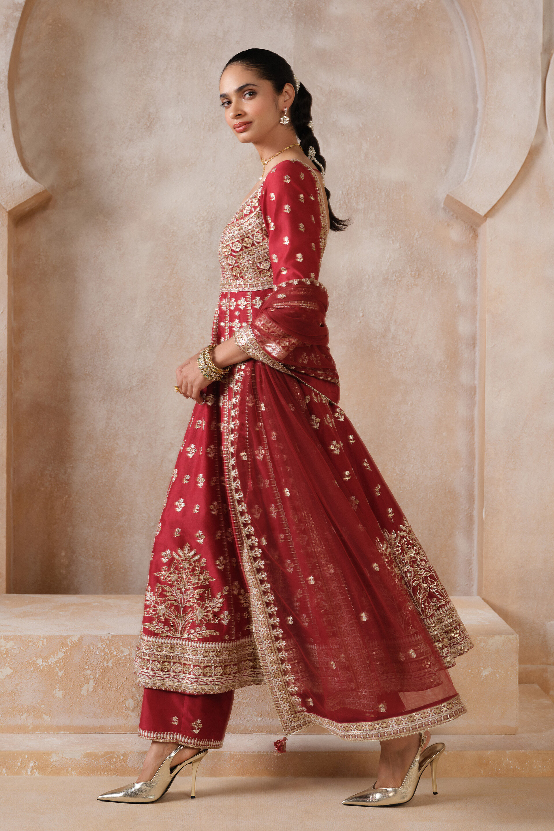 Triyama Embroidered Silk Anarkali Set - Red, Red, image 4