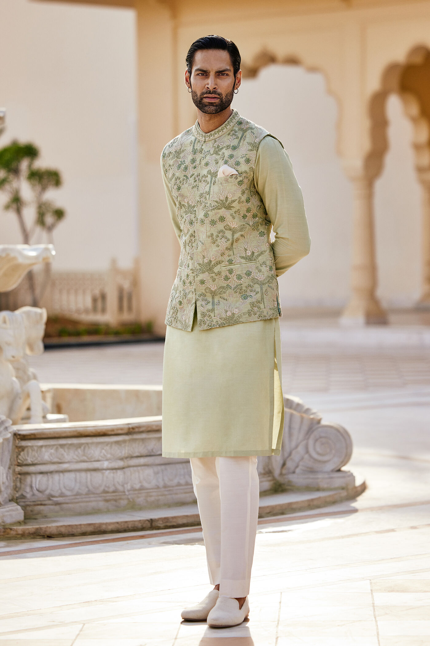 Balfour Embroidered Silk Nehru Jacket - Sage
