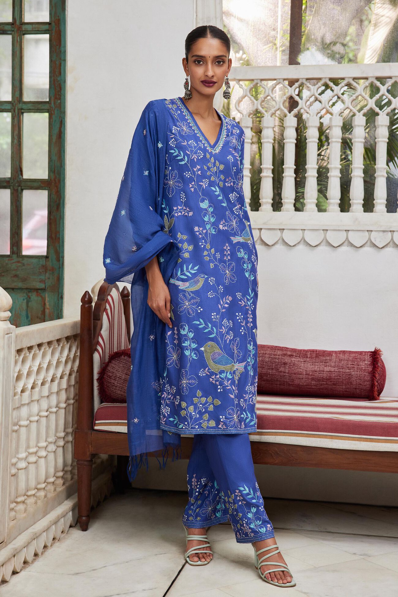 Vanhi Hand-embroidered Kantha Suit Set - Blue, Blue, image 1