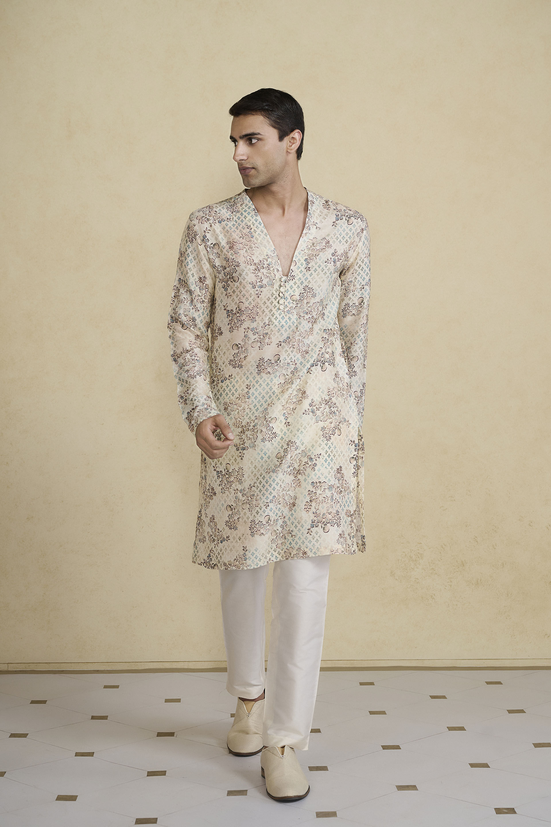 Rukham Printed Silk Kurta - Ivory, Ivory, image 5
