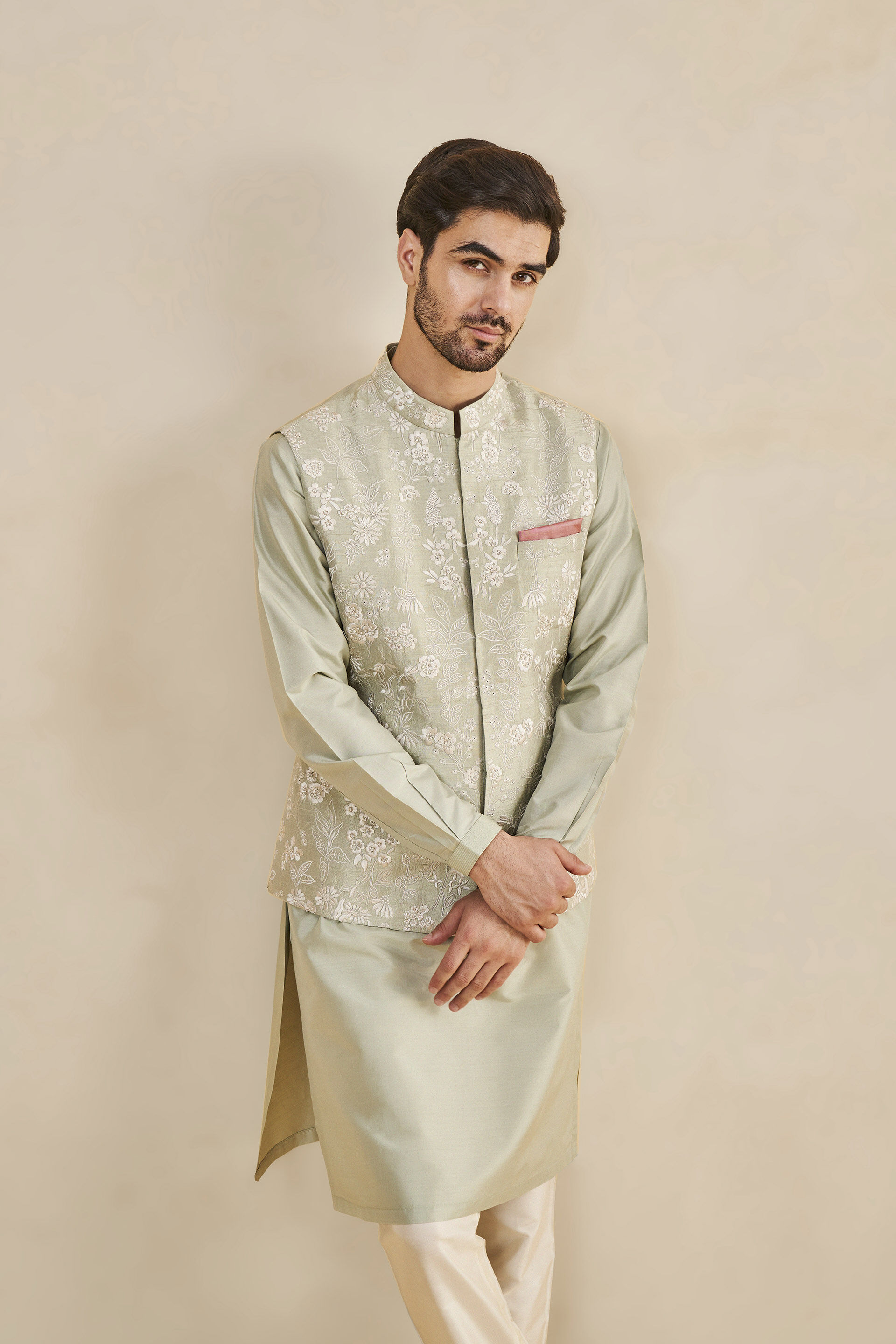 Buy Tamir Embroidered Silk Nehru Jacket Sage Online for Wedding from