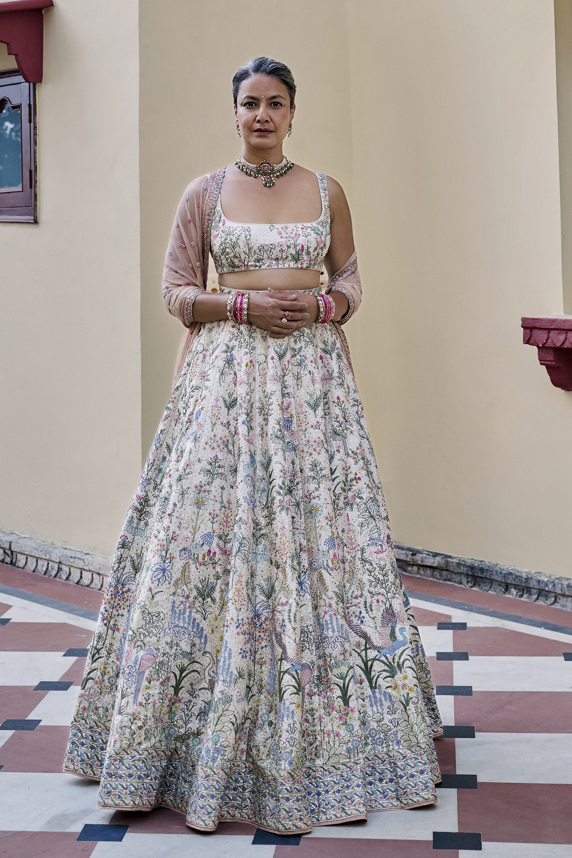 Luminous Embroidered Zardozi Silk Lehenga Set - ​Ivory