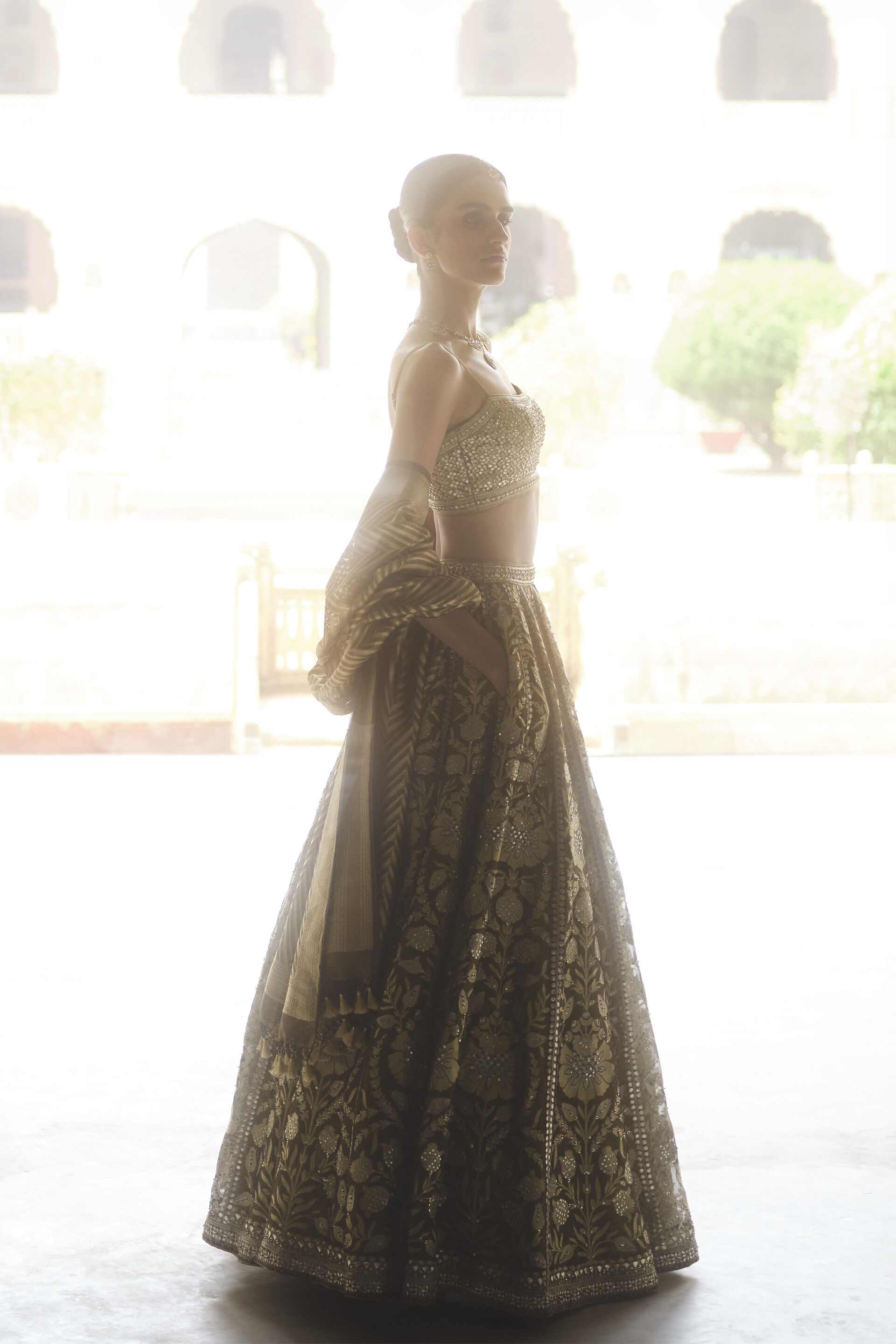 Adveka Handwoven Benarasi Silk Lehenga Set - Olive, Olive, image 4