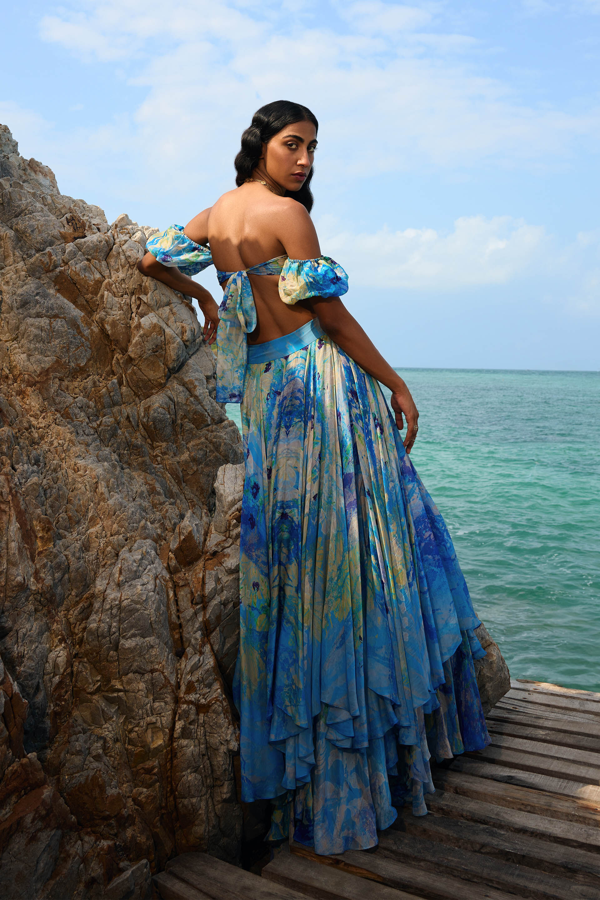 Buy Designer Chatoyante Asymmetrical Skirt Set - Blue Online