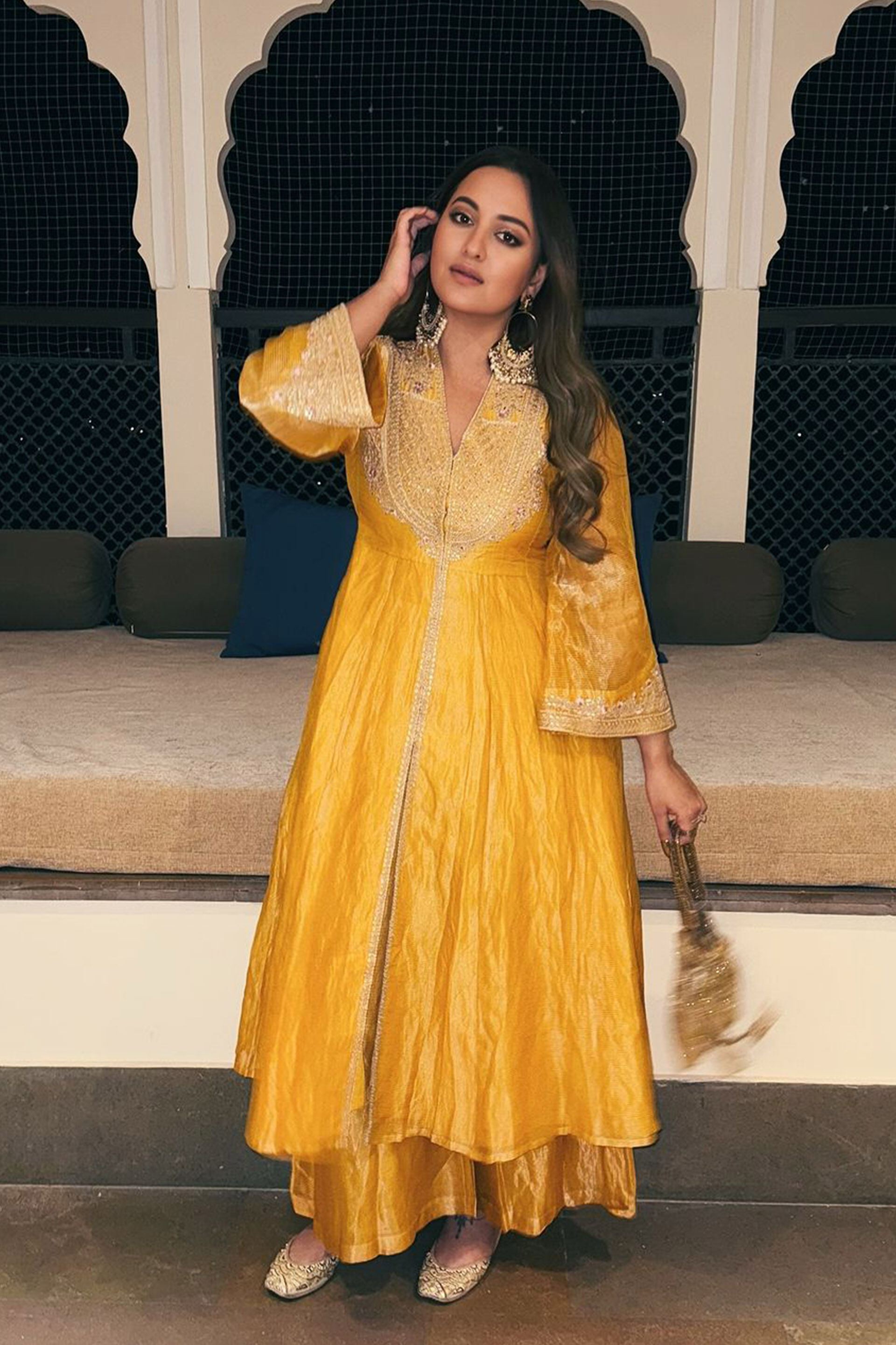 Azha Embroidered Zardozi Silk Jacket Set - Yellow