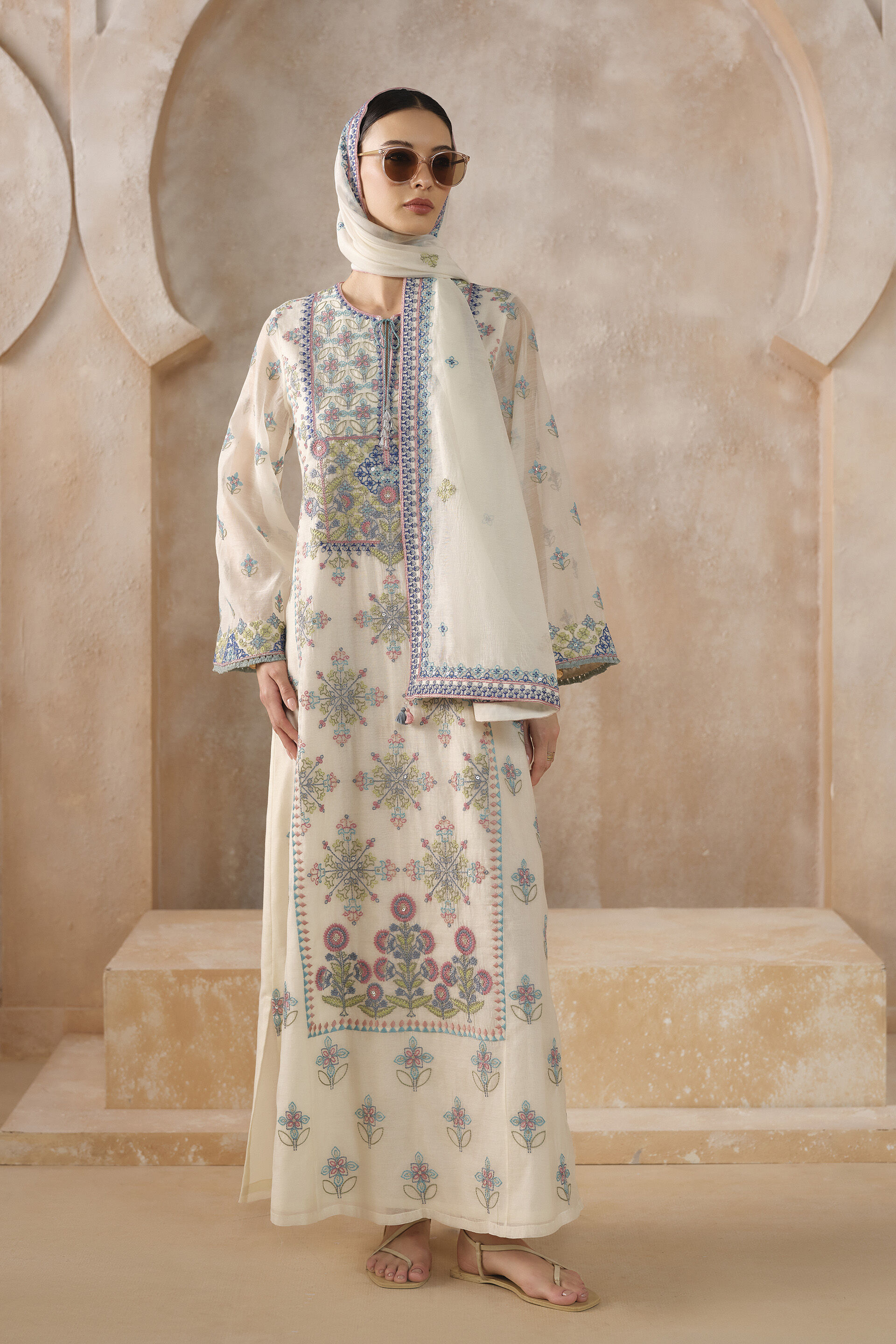 Stellara Embroidered Mul Kaftan - Ivory