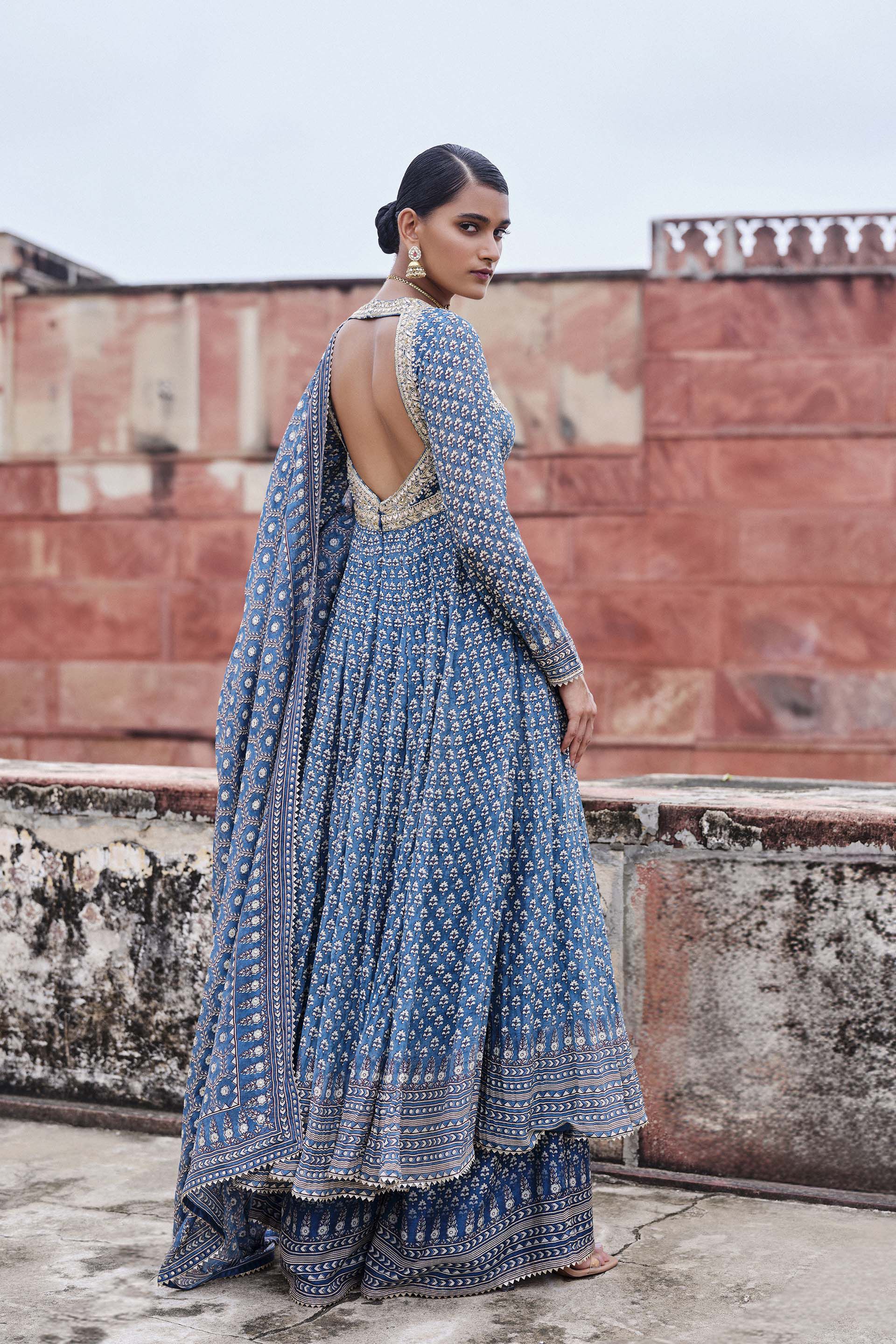 Abjini Printed Mul Anarkali Set Blue