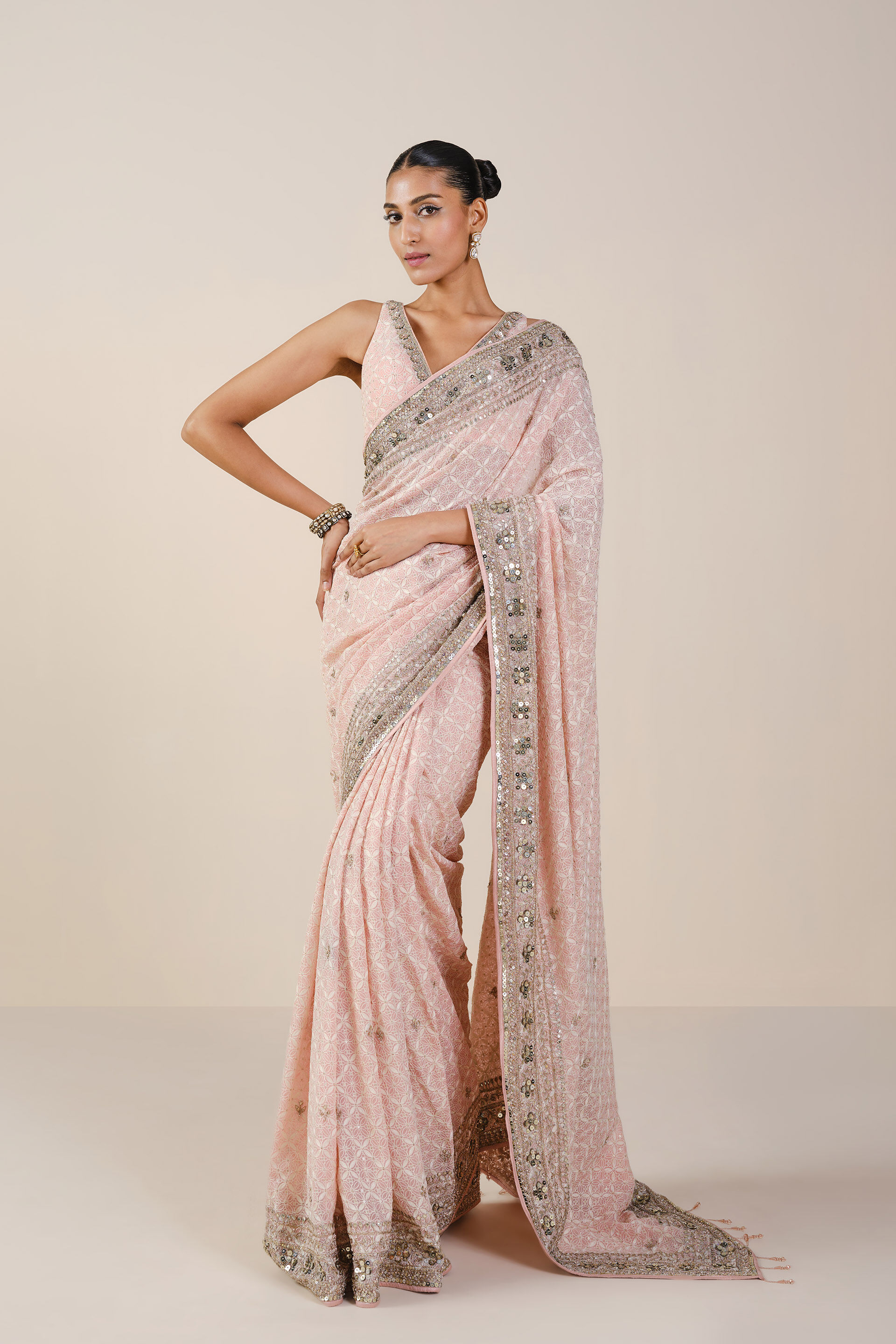Aaloka Embroidered Georgette Saree, Blush, image 1
