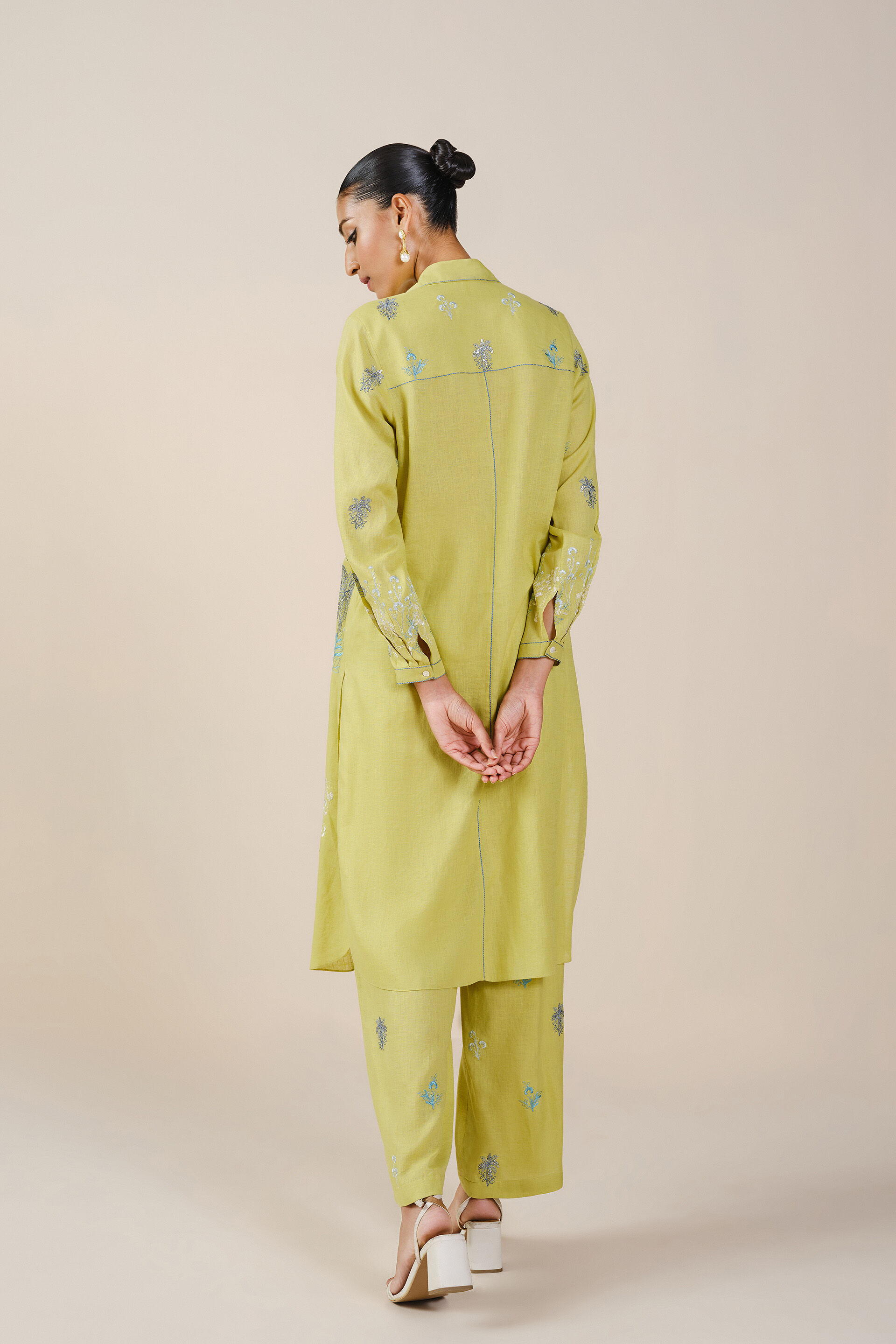 Pelagia Embroidered Linen Kurta Set - Lime, Lime, image 3