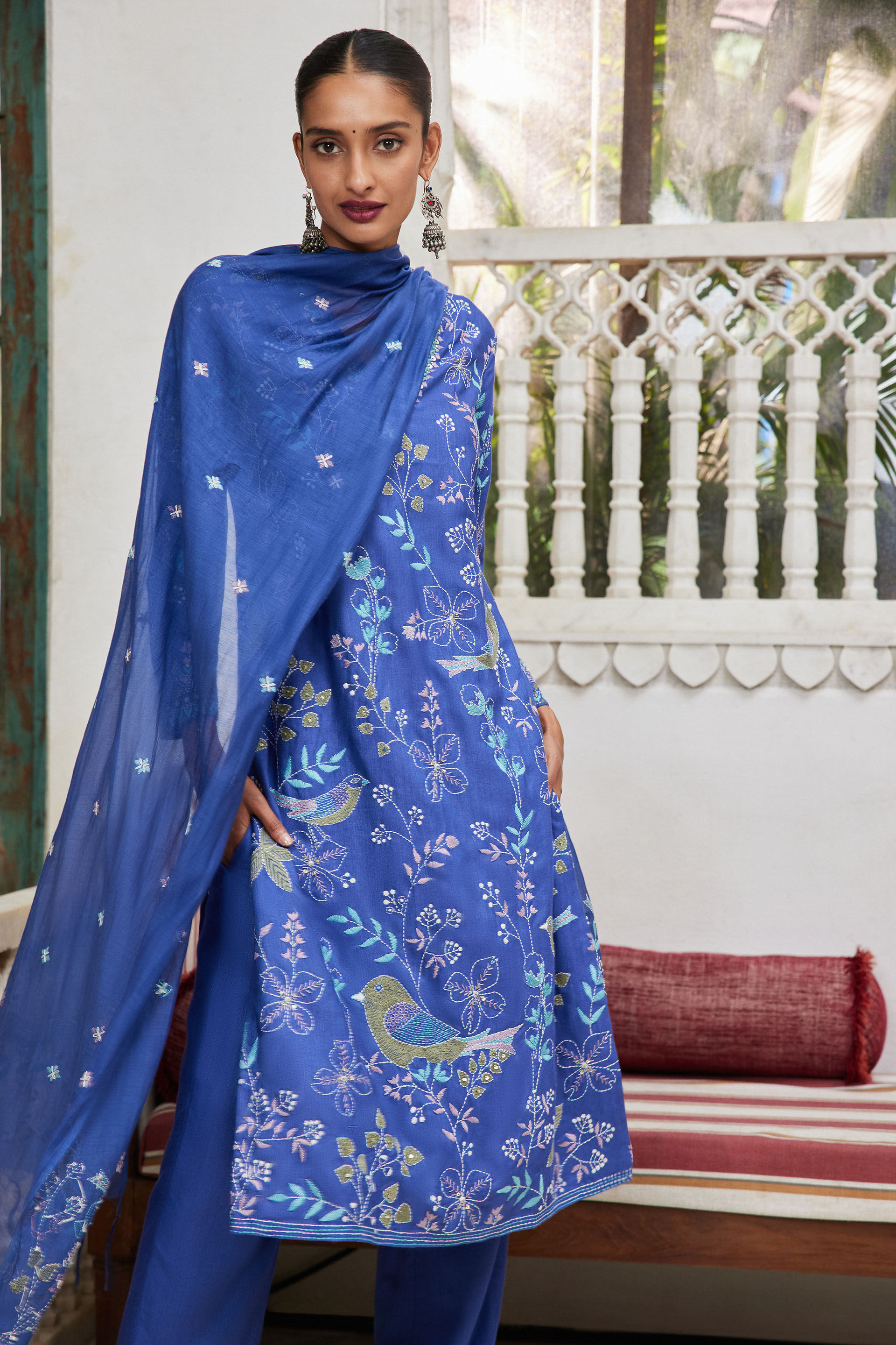 Vanhi Hand embroidered Kantha Suit Set Blue