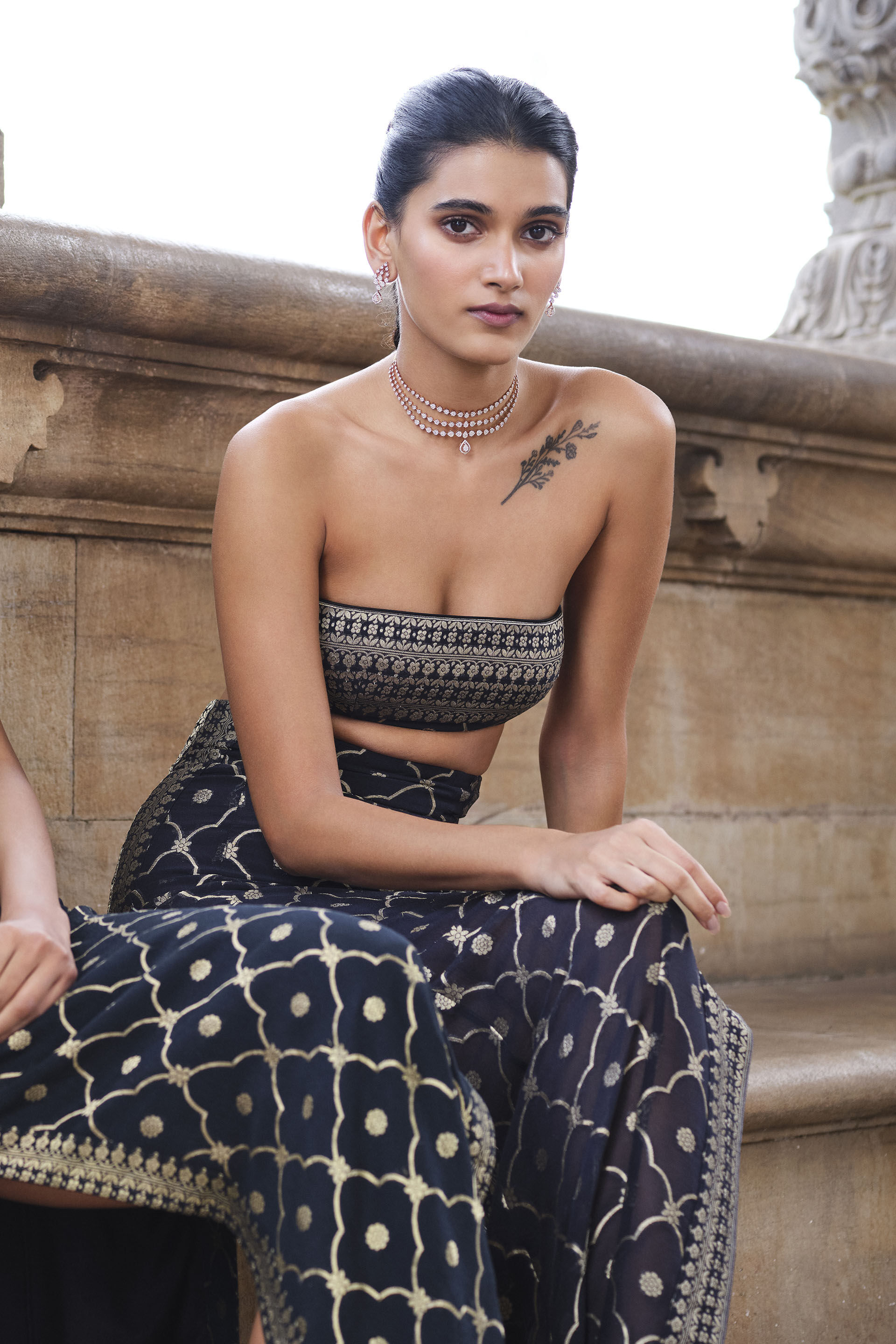 Nozomi Woven Benarasi Skirt Set - Black