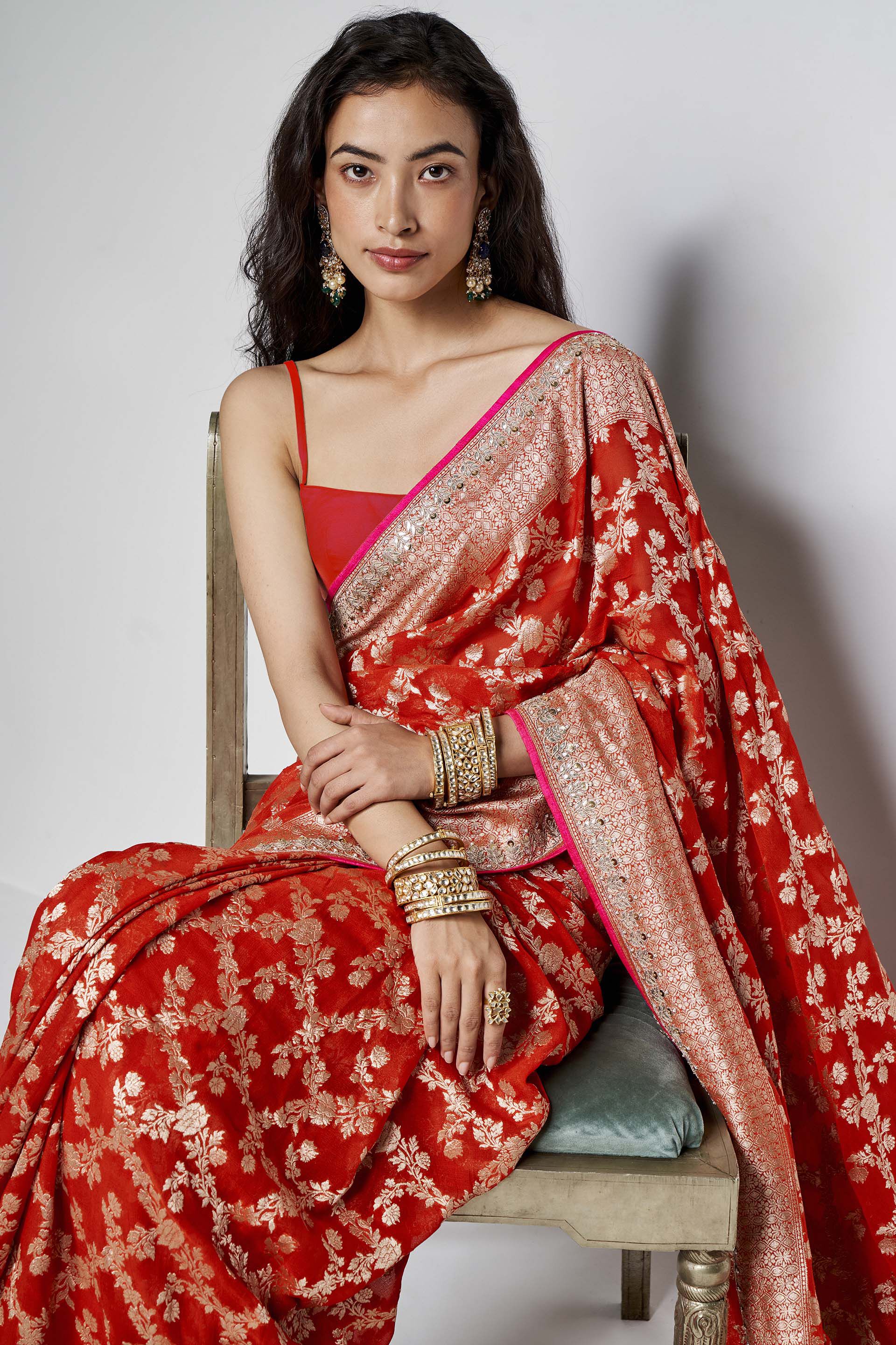 Nazaha Benarasi Silk Embroidered Saree - Orange, Orange, image 5