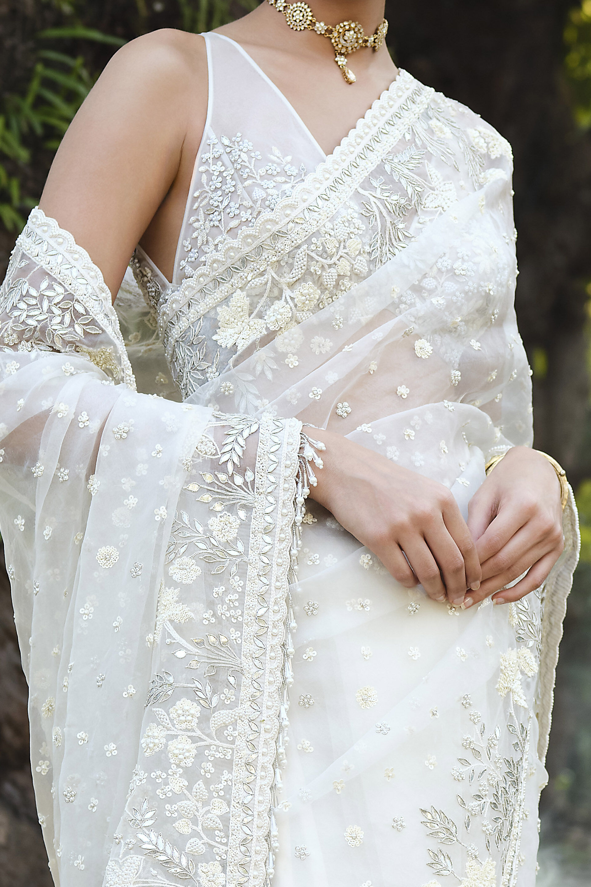 Waterway Embroidered Silk Saree - Ivory