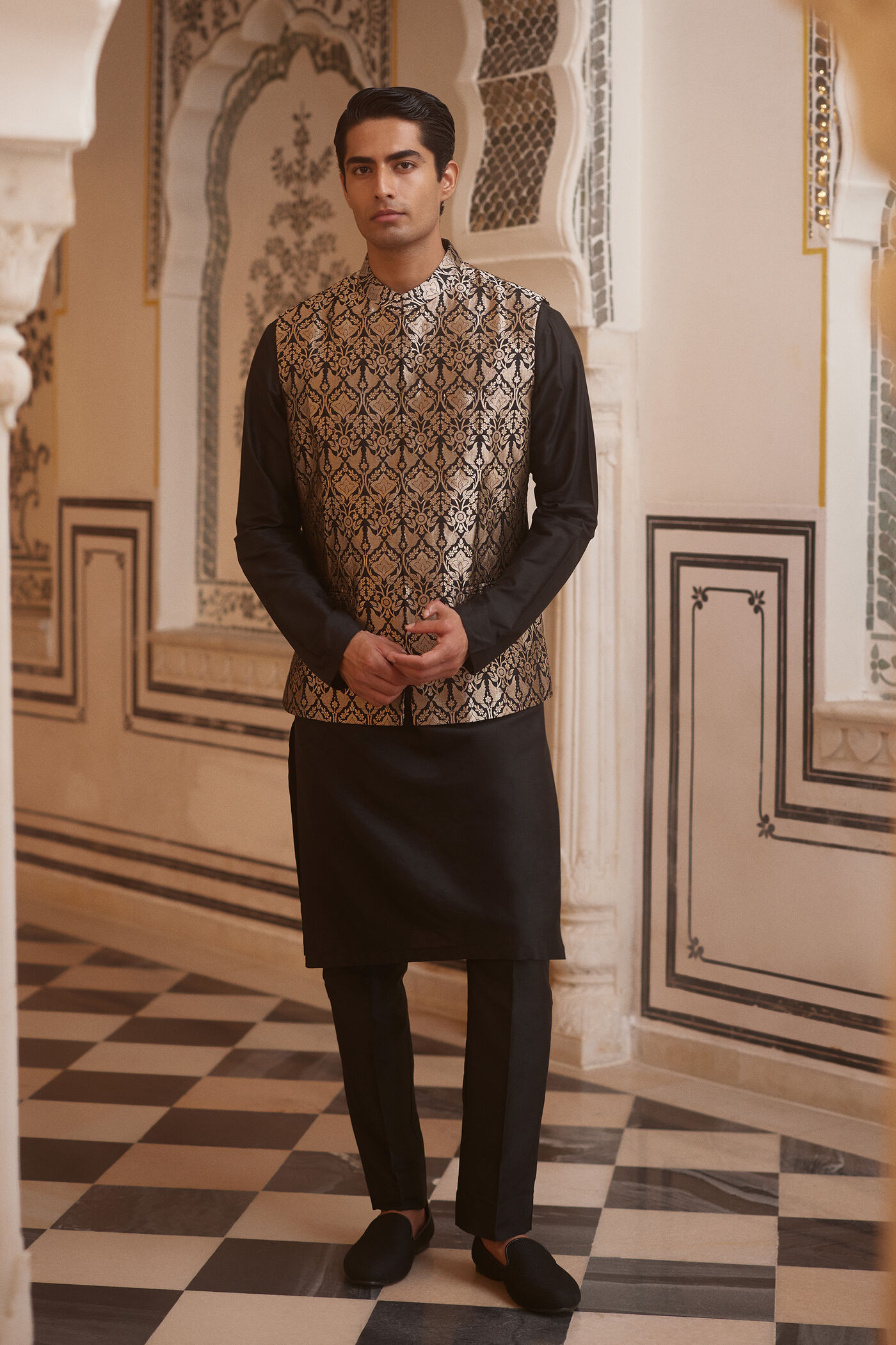 Swarank Handwoven Benarasi Nehru Jacket - Black