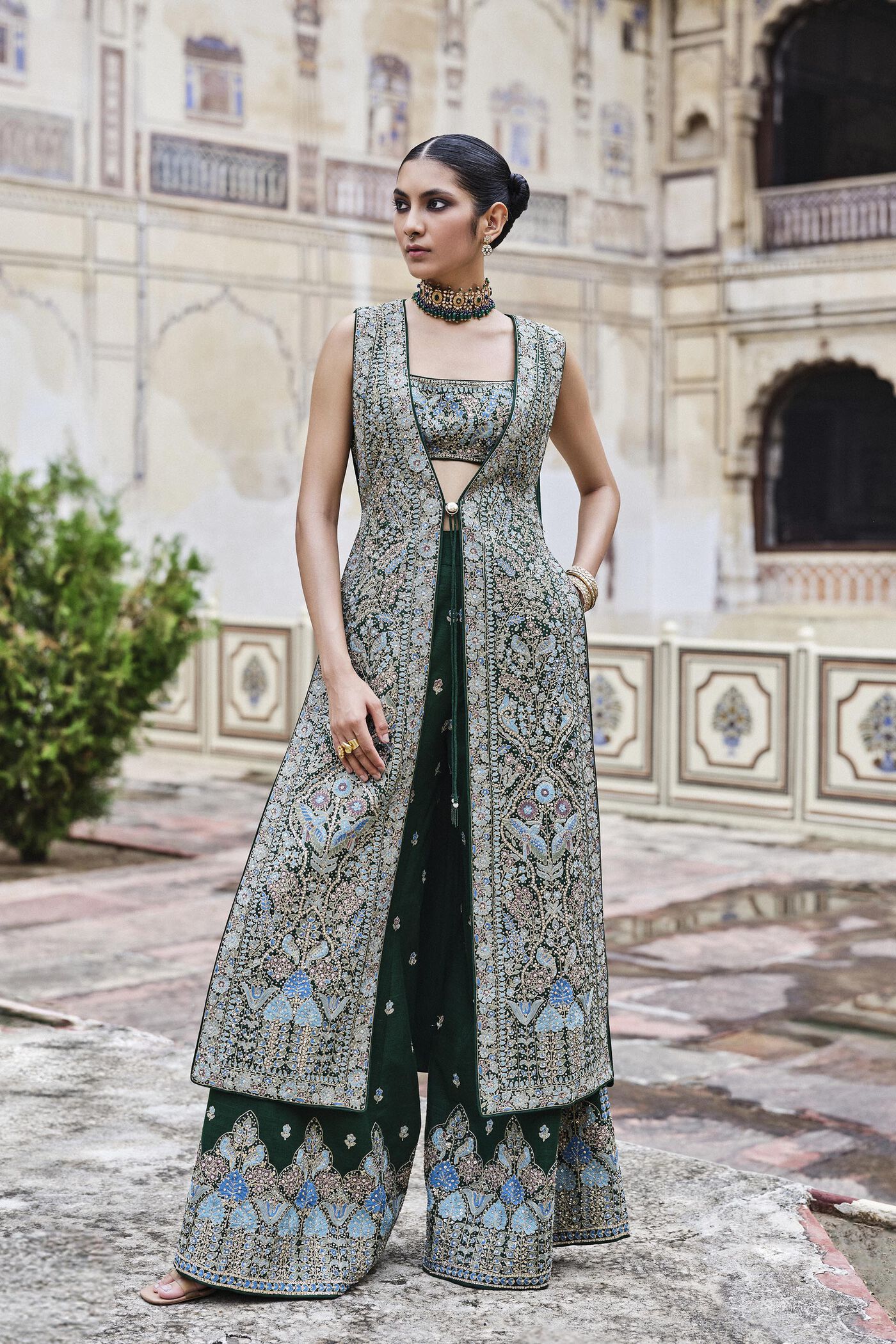 Alatakshi Embroidered Zardozi Tabard Set - Green