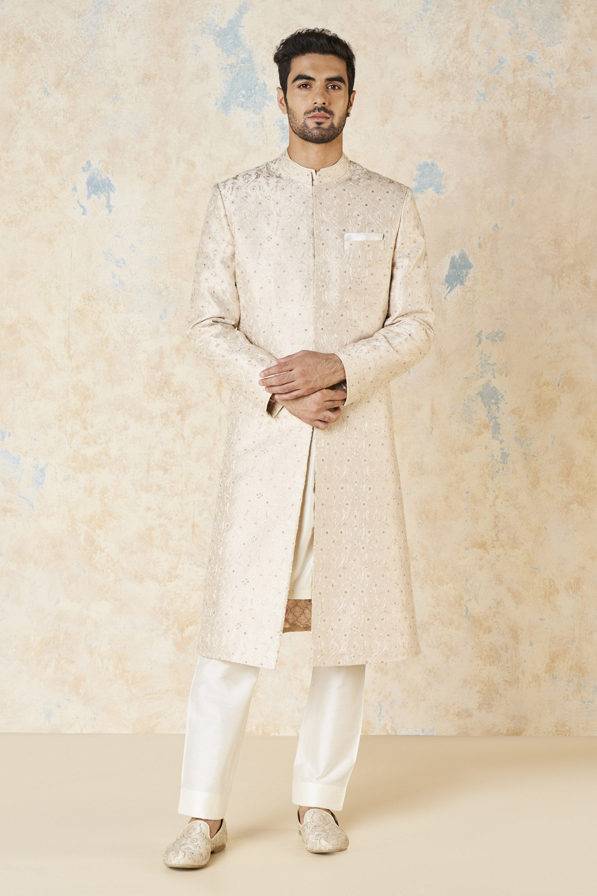Aajay Zardozi &amp; Aari Silk Sherwani - Ecru