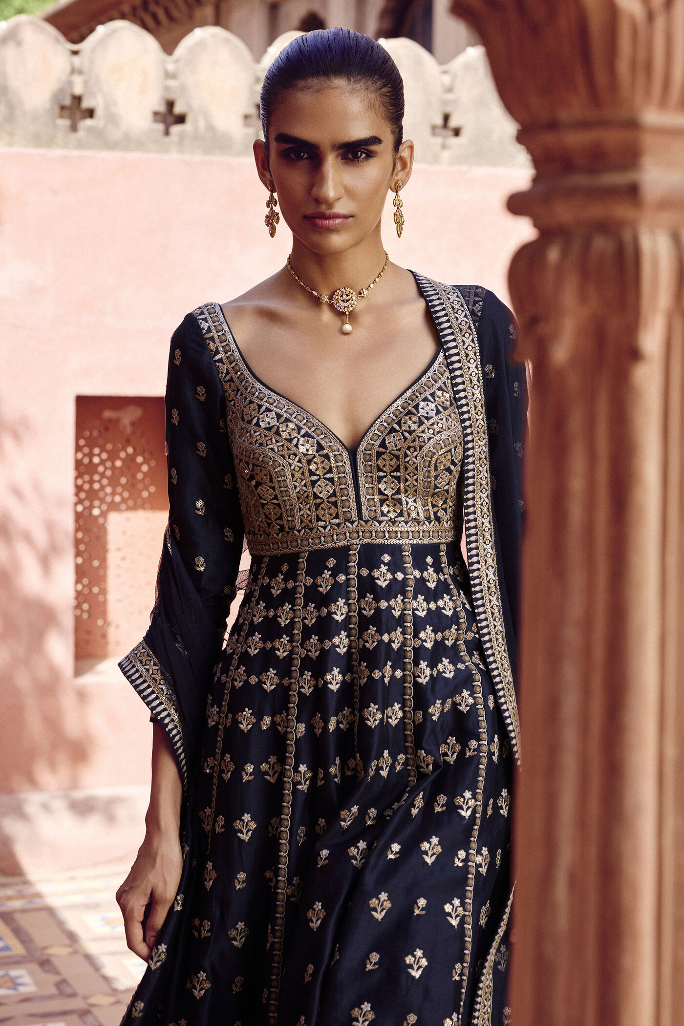 blue and gold anarkali dress Dark Blue Gold Printed Rayon Anarkali Gown Style Jaipur