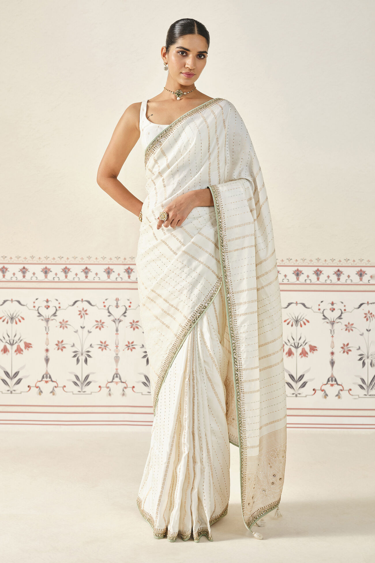 Siamak Handwoven Benarasi Silk Saree - Ivory, Ivory, image 1