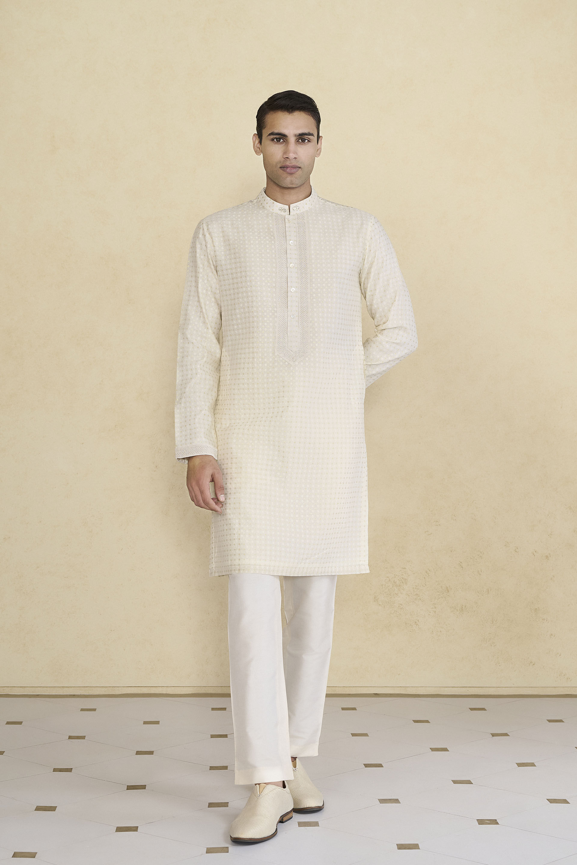 Hemansh Embroidered Silk Kurta - Cream, Cream, image 1