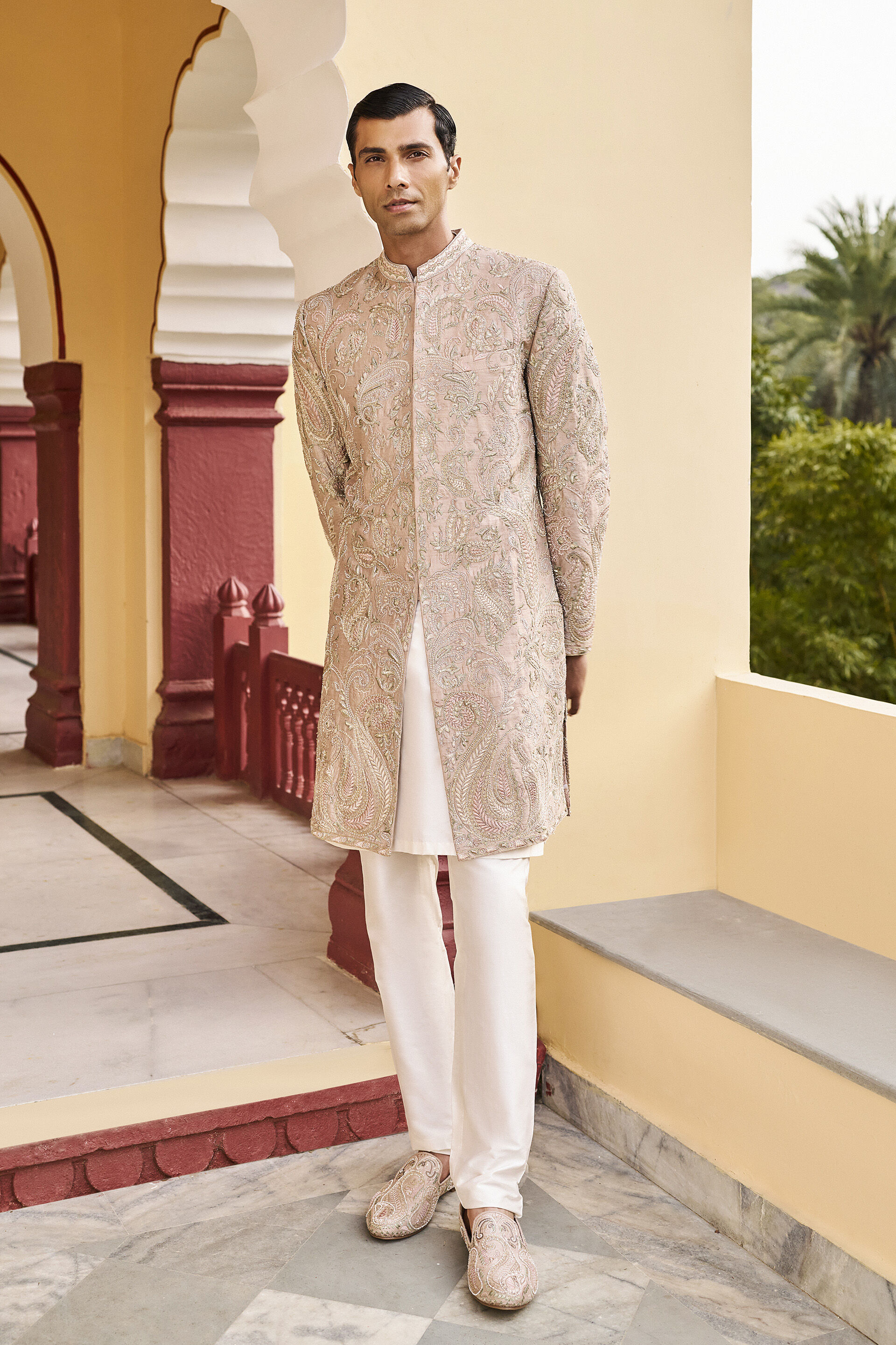 Calmness Embroidered Zardozi Silk Sherwani - Hazelnut