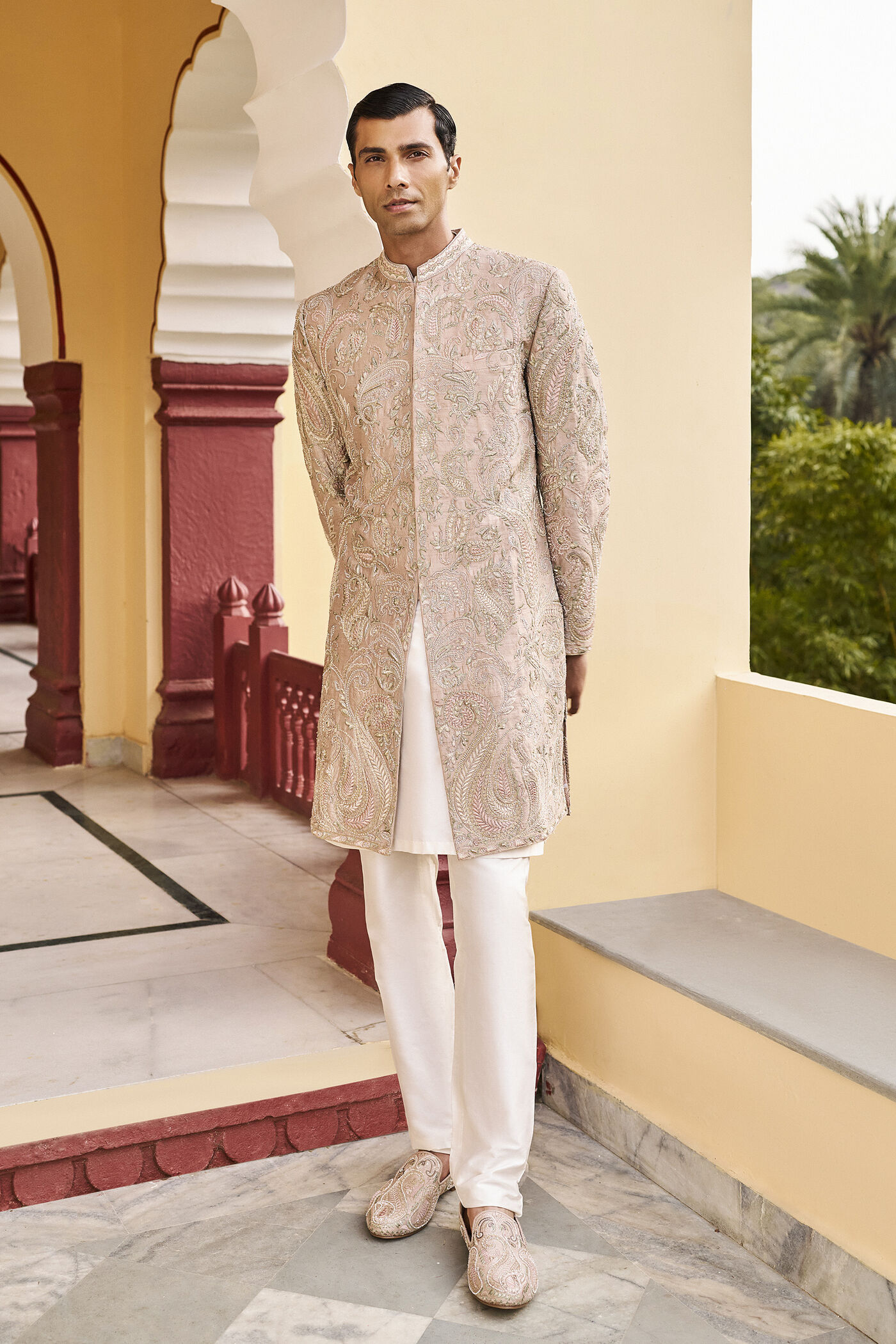 Calmness Embroidered Zardozi Silk Sherwani - Hazelnut
